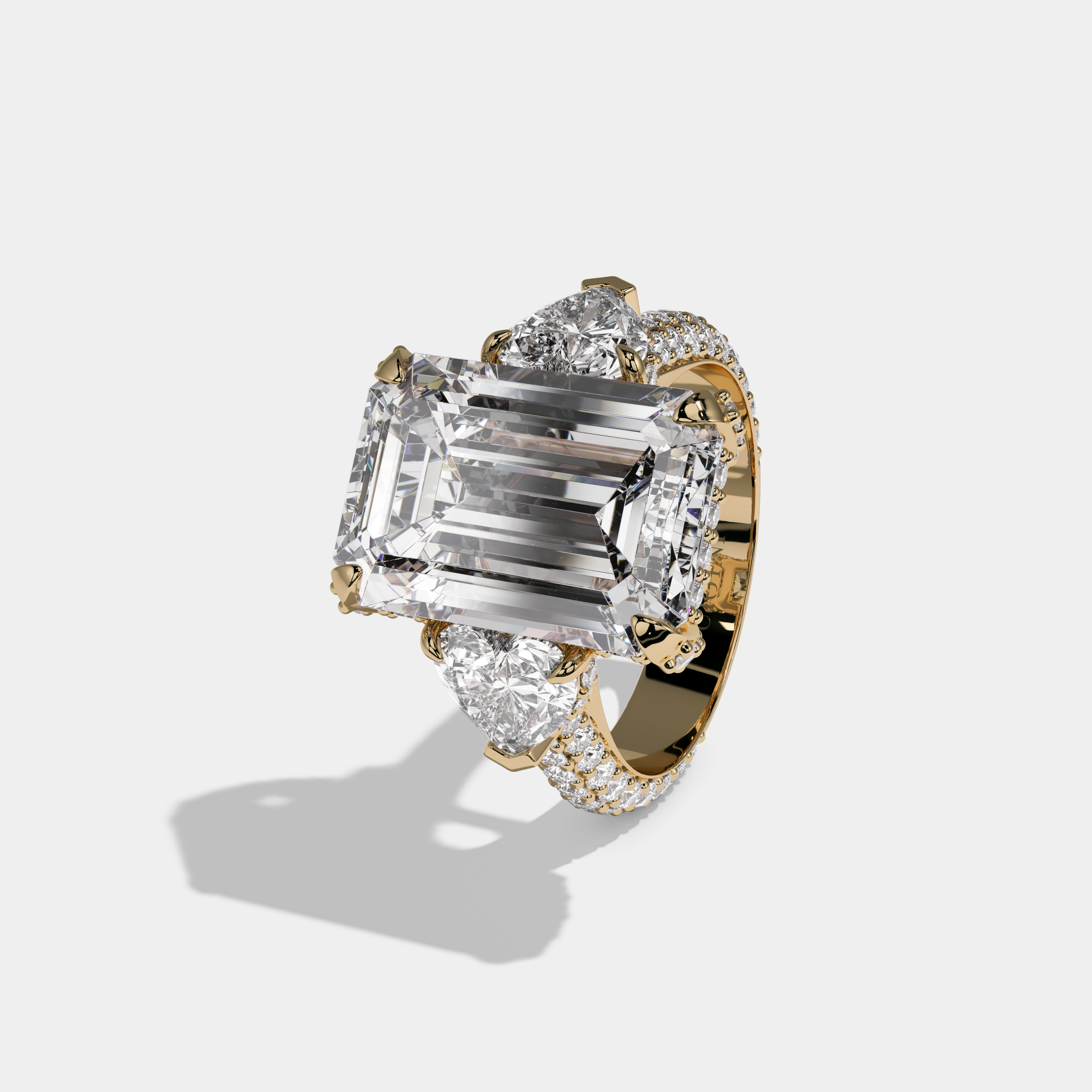 Alice Emerald Cut Diamond Halo Band With Twin Heart Sides Engagement Ring 10ct 18K Yellow Gold