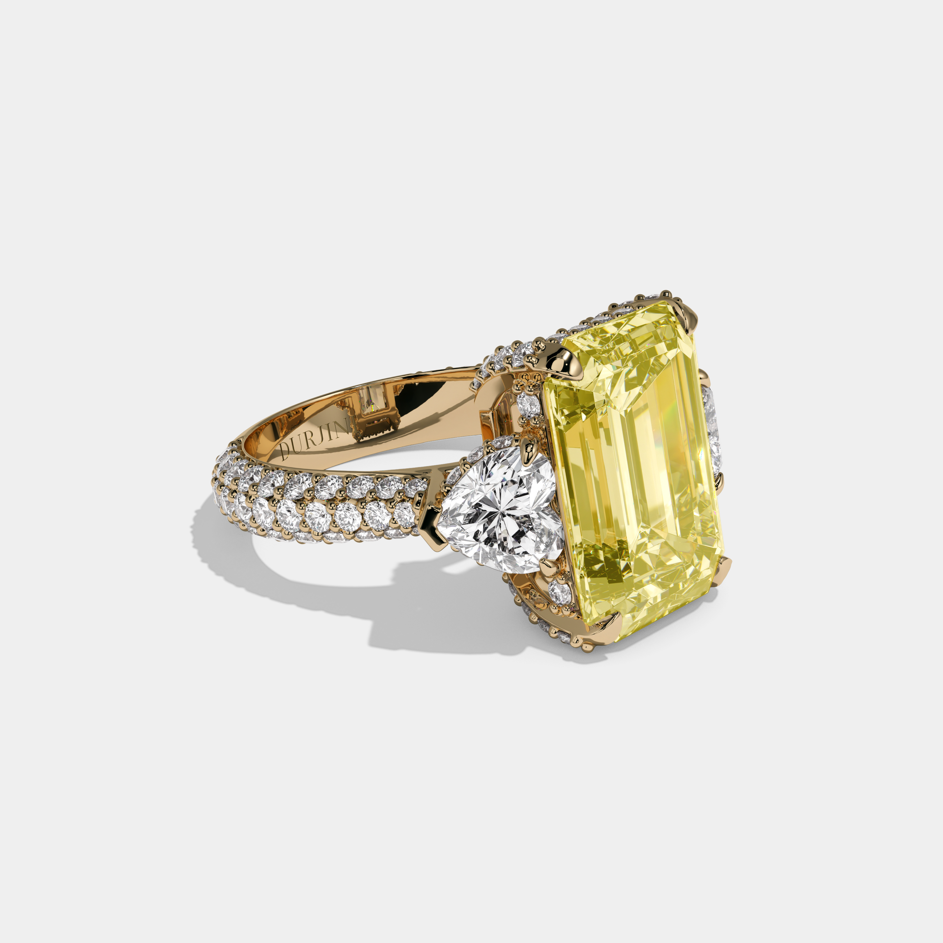 Victoria Fancy Yellow Emerald Cut Diamond Halo Band With Twin Heart Sides Engagement Ring 10ct 18K Yellow Gold