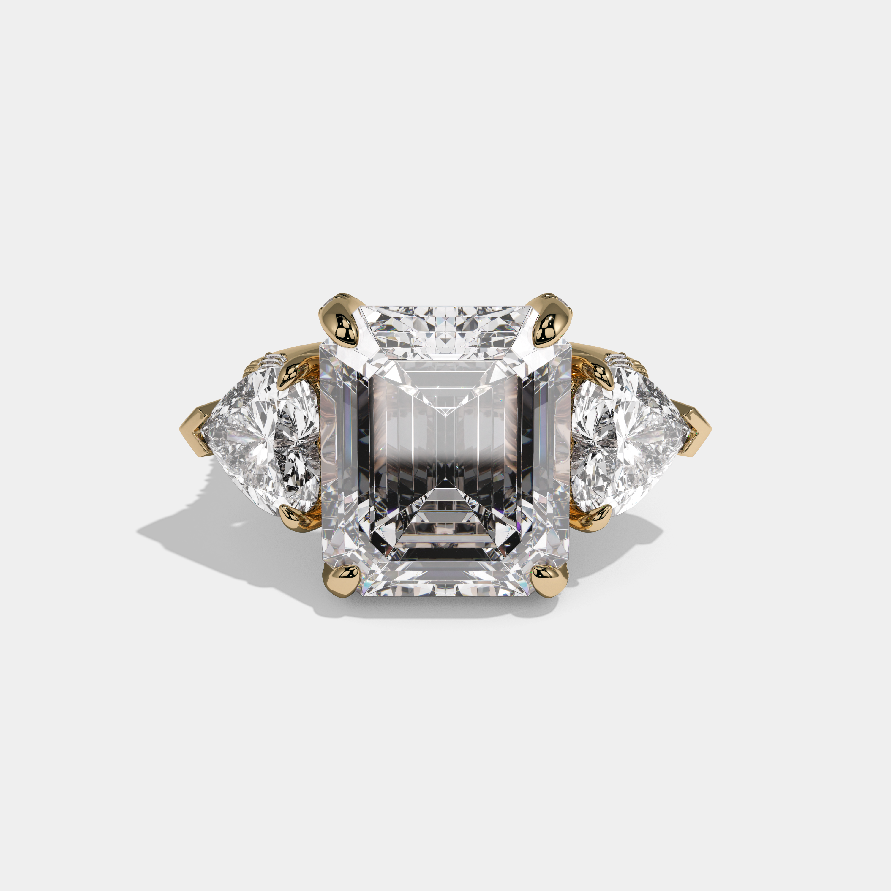 Georgiana Emerald Cut Diamond Halo With Twin Heart Sides Engagement Ring 10ct 18K Yellow Gold