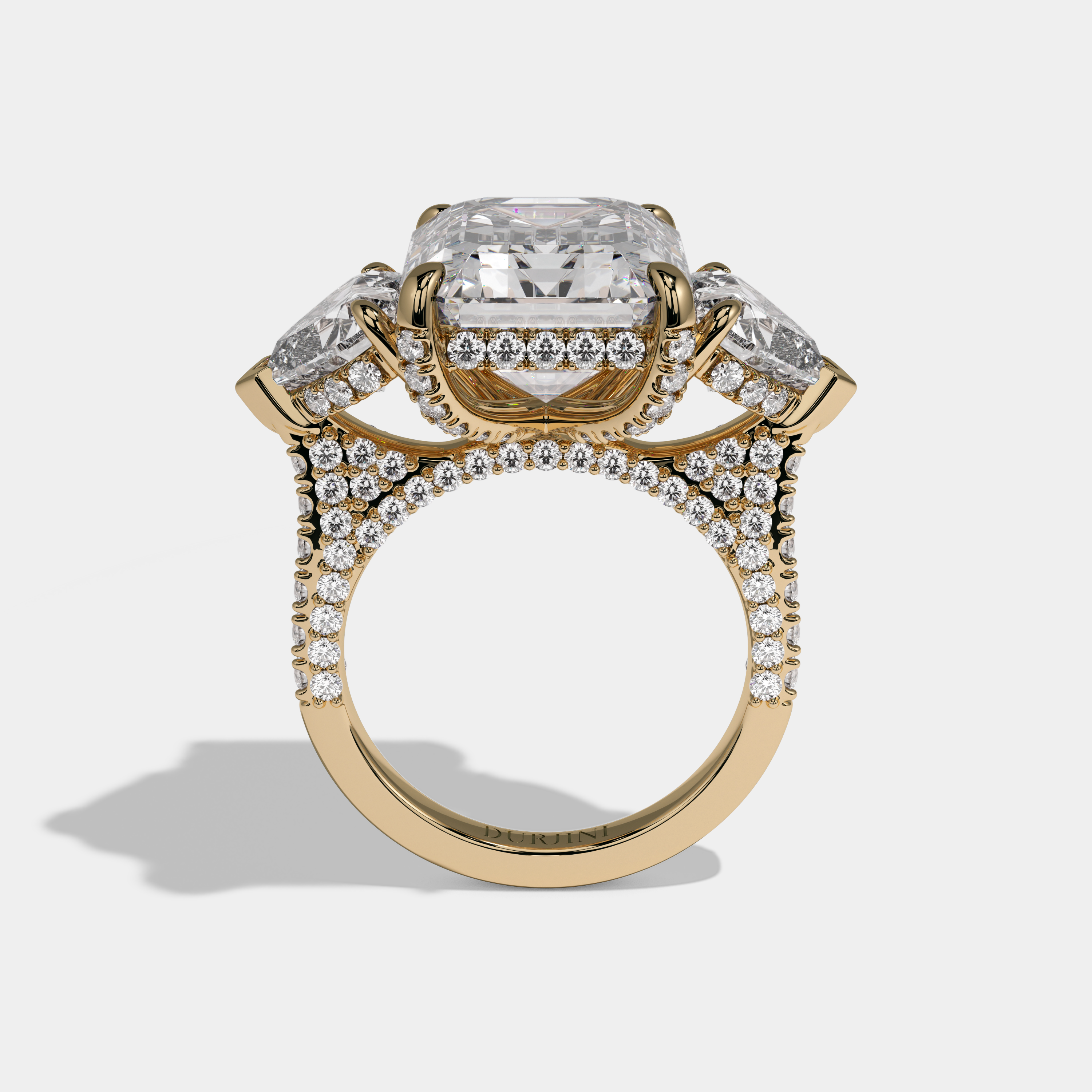 Georgiana Emerald Cut Diamond Halo With Twin Heart Sides Engagement Ring 10ct 18K Yellow Gold