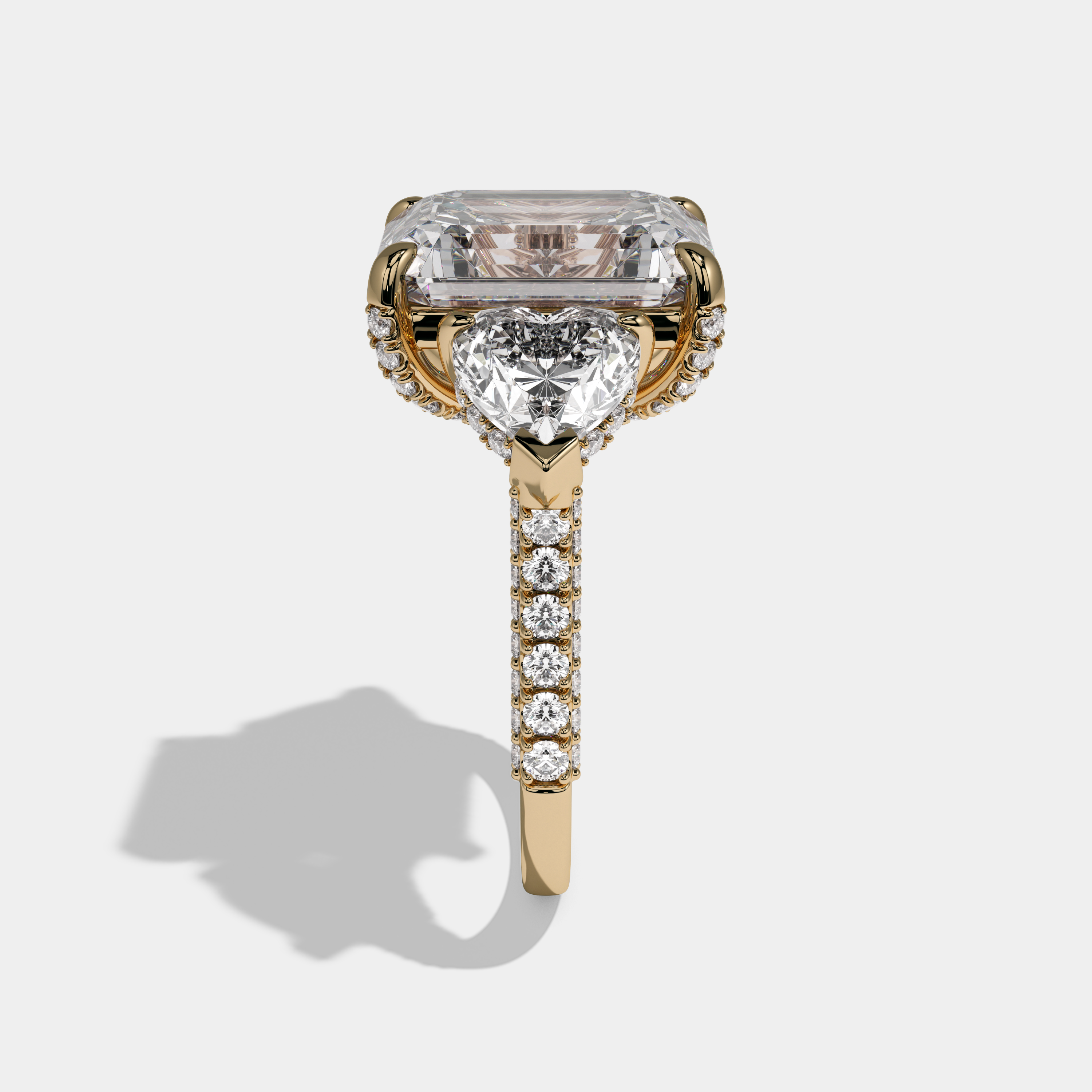 Georgiana Emerald Cut Diamond Halo With Twin Heart Sides Engagement Ring 10ct 18K Yellow Gold