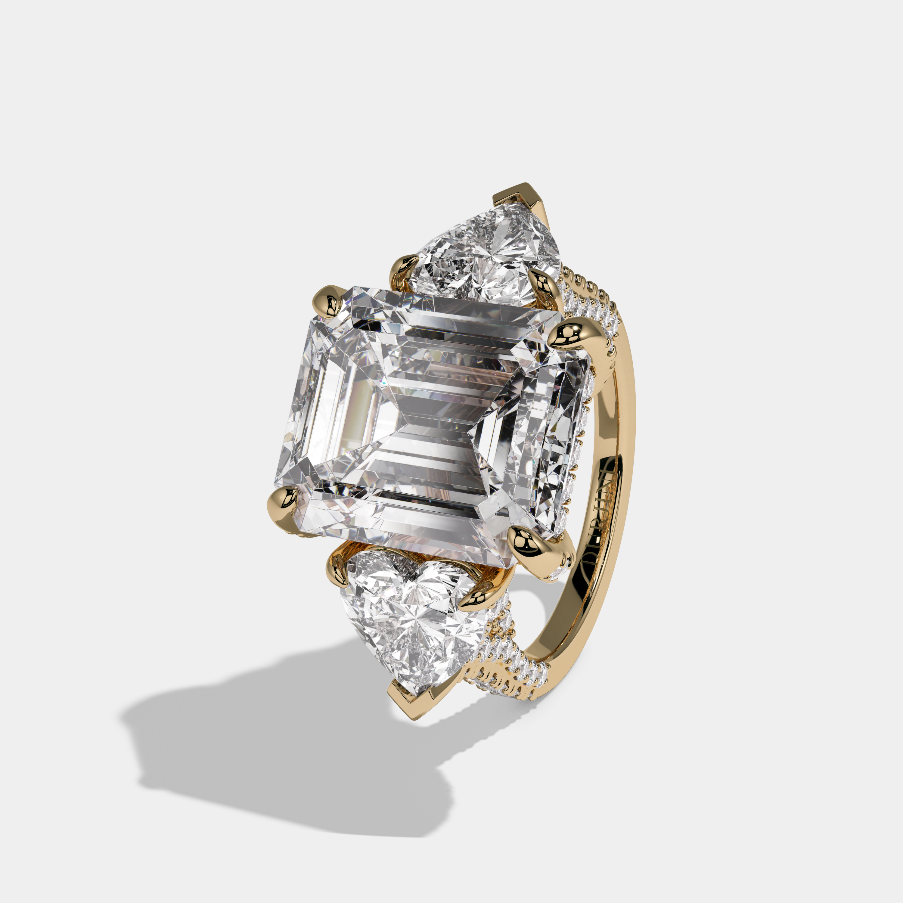 Georgiana Emerald Cut Diamond Halo With Twin Heart Sides Engagement Ring 10ct 18K Yellow Gold