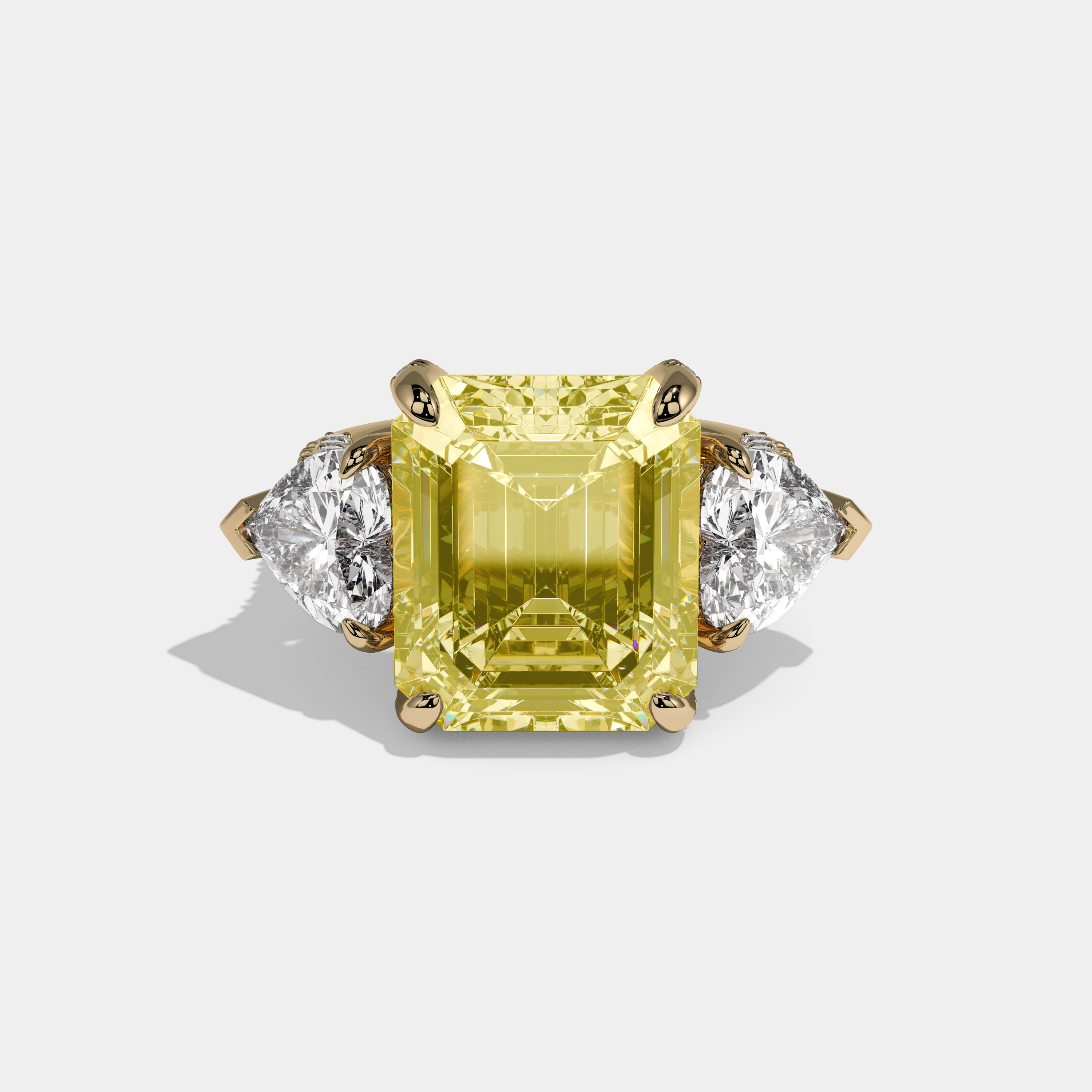 Elizabeth Fancy Yellow Emerald Cut Diamond Halo With Twin Heart Sides Engagement Ring 10ct 18K Yellow Gold