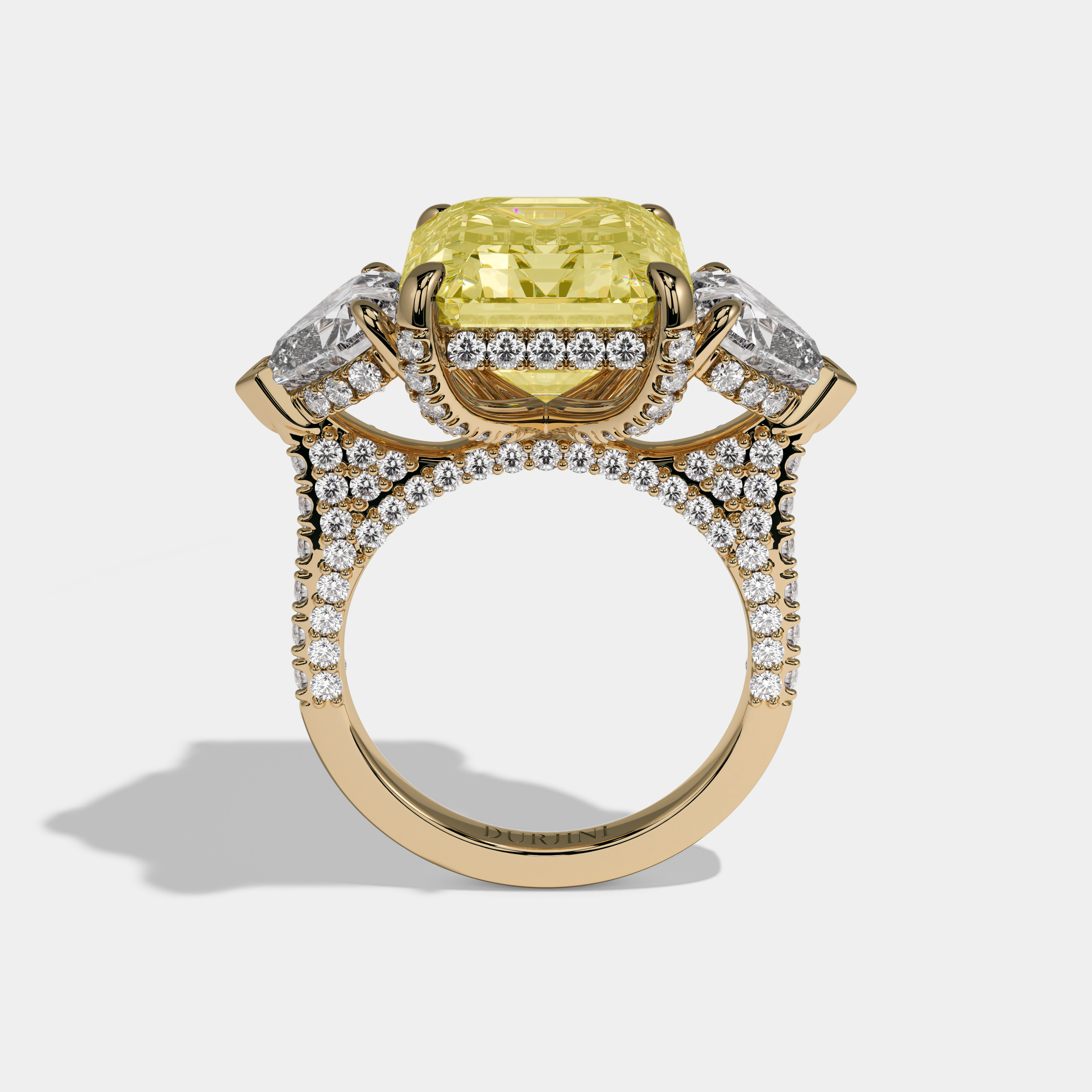 Elizabeth Fancy Yellow Emerald Cut Diamond Halo With Twin Heart Sides Engagement Ring 10ct 18K Yellow Gold