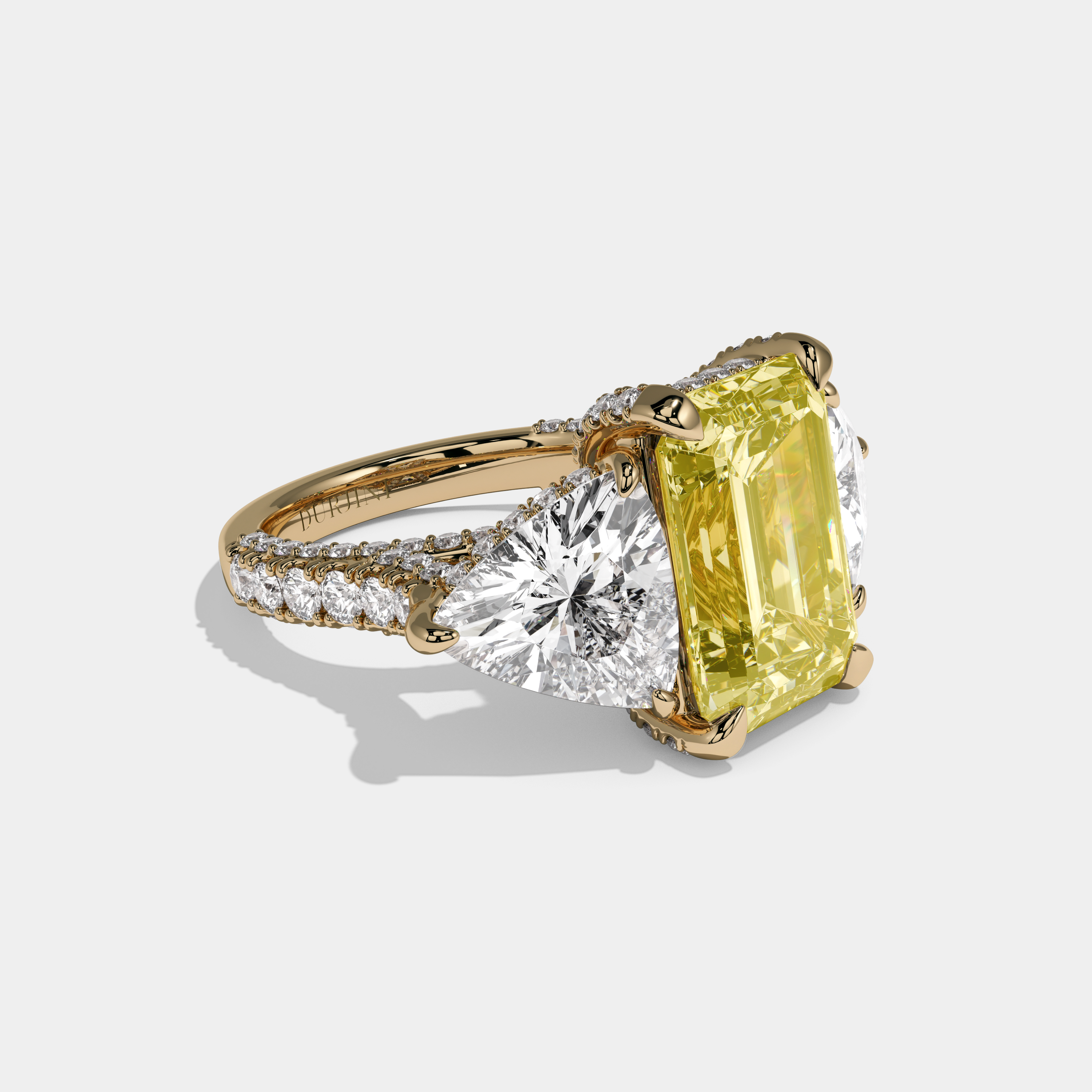 Victoria Fancy Yellow Emerald Cut Diamond Band With Trillion Cut Sides Engagement Ring 10ct 18K Yellow Gold