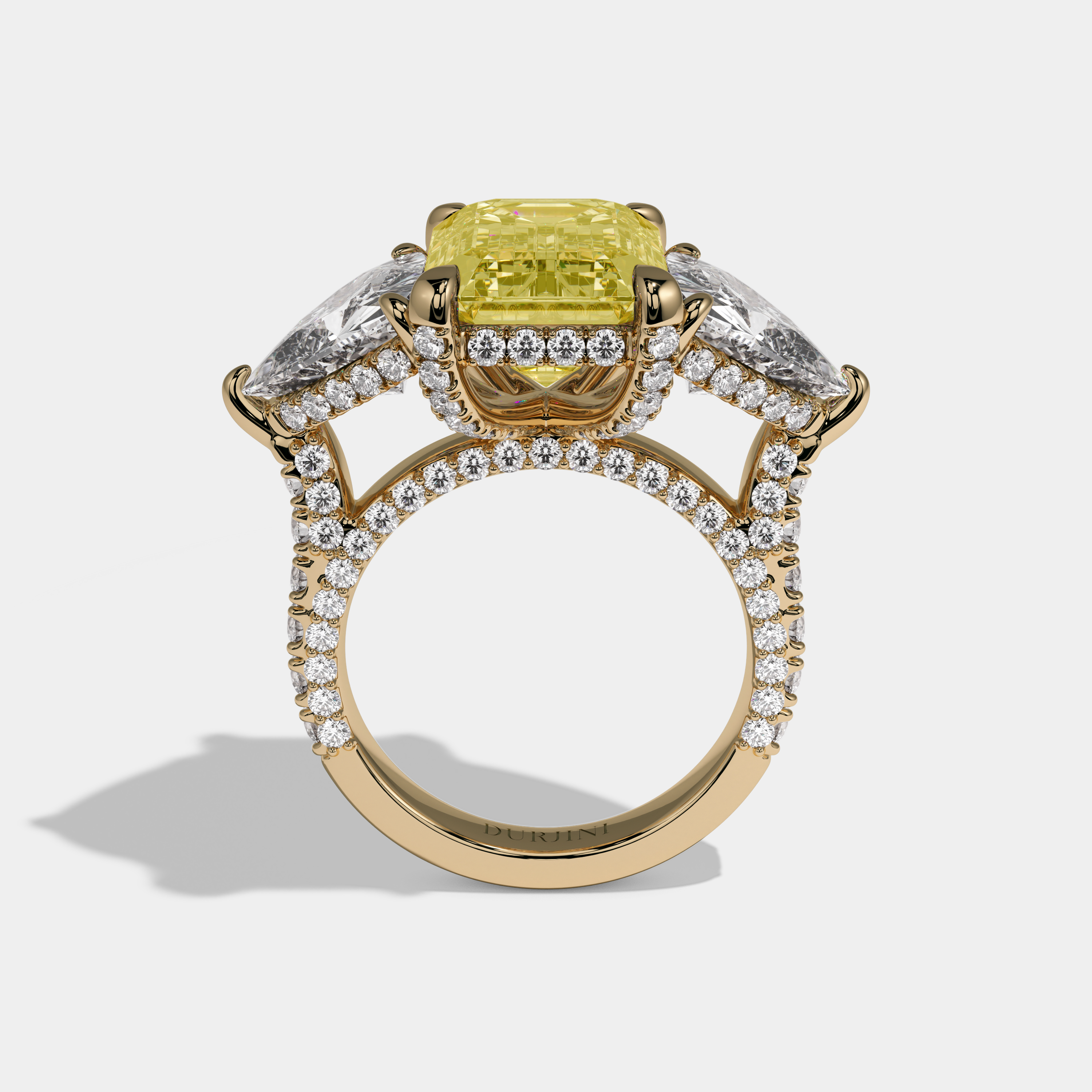 Victoria Fancy Yellow Emerald Cut Diamond Band With Trillion Cut Sides Engagement Ring 10ct 18K Yellow Gold