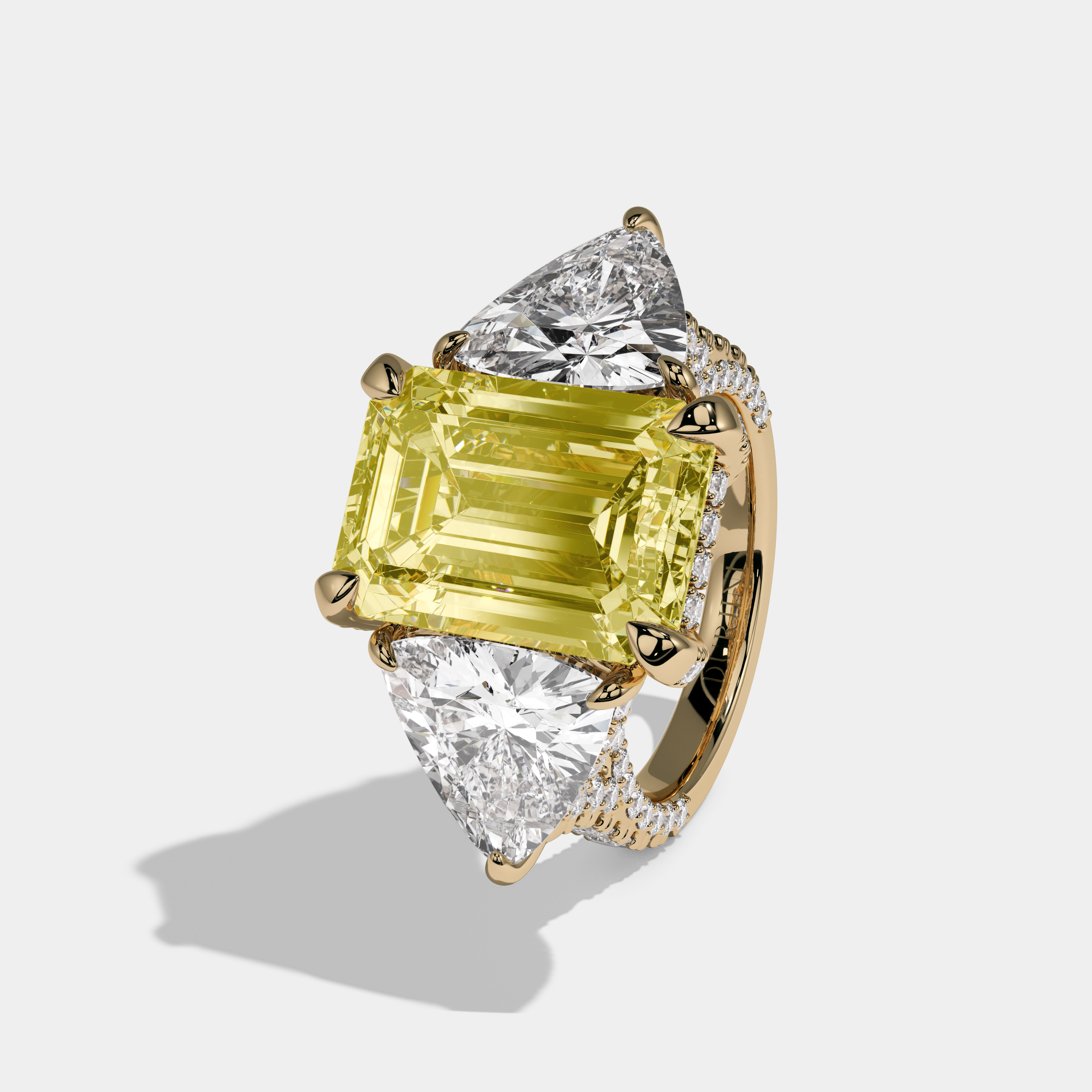 Victoria Fancy Yellow Emerald Cut Diamond Band With Trillion Cut Sides Engagement Ring 10ct 18K Yellow Gold