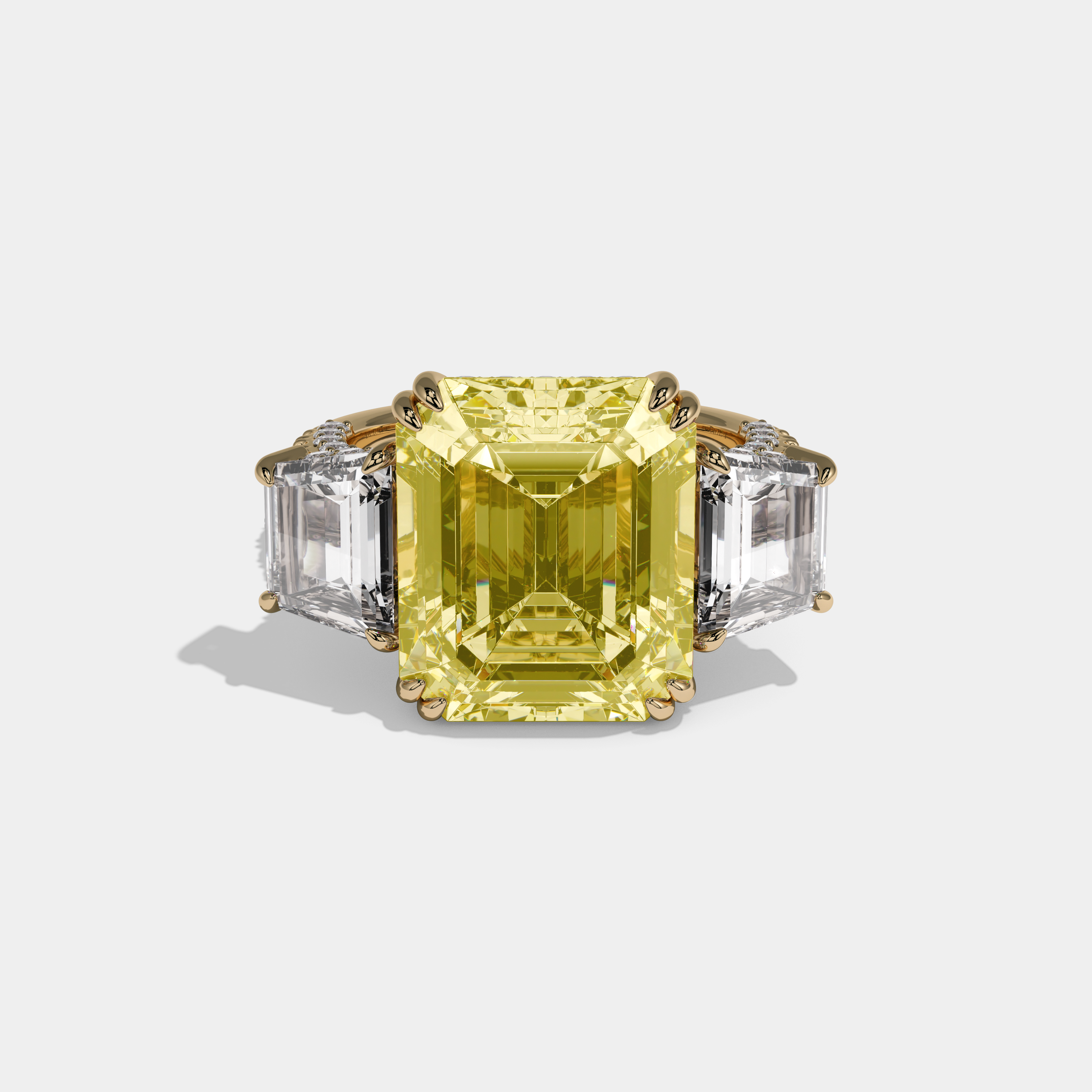 Elizabeth Fancy Yellow Emerald Cut Diamond Halo With Step Cut Side Diamond Band Engagement Ring 10ct 18K Yellow Gold