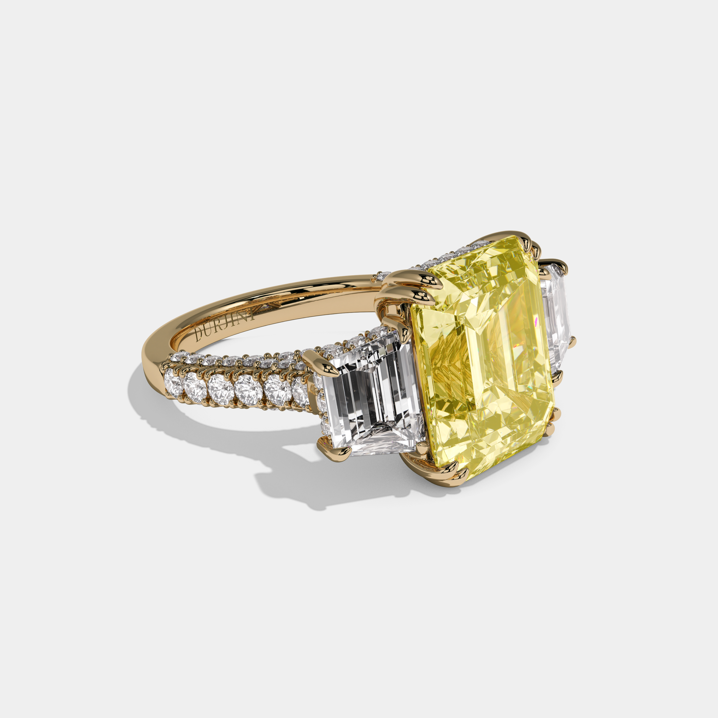 Elizabeth Fancy Yellow Emerald Cut Diamond Halo With Step Cut Side Diamond Band Engagement Ring 10ct 18K Yellow Gold