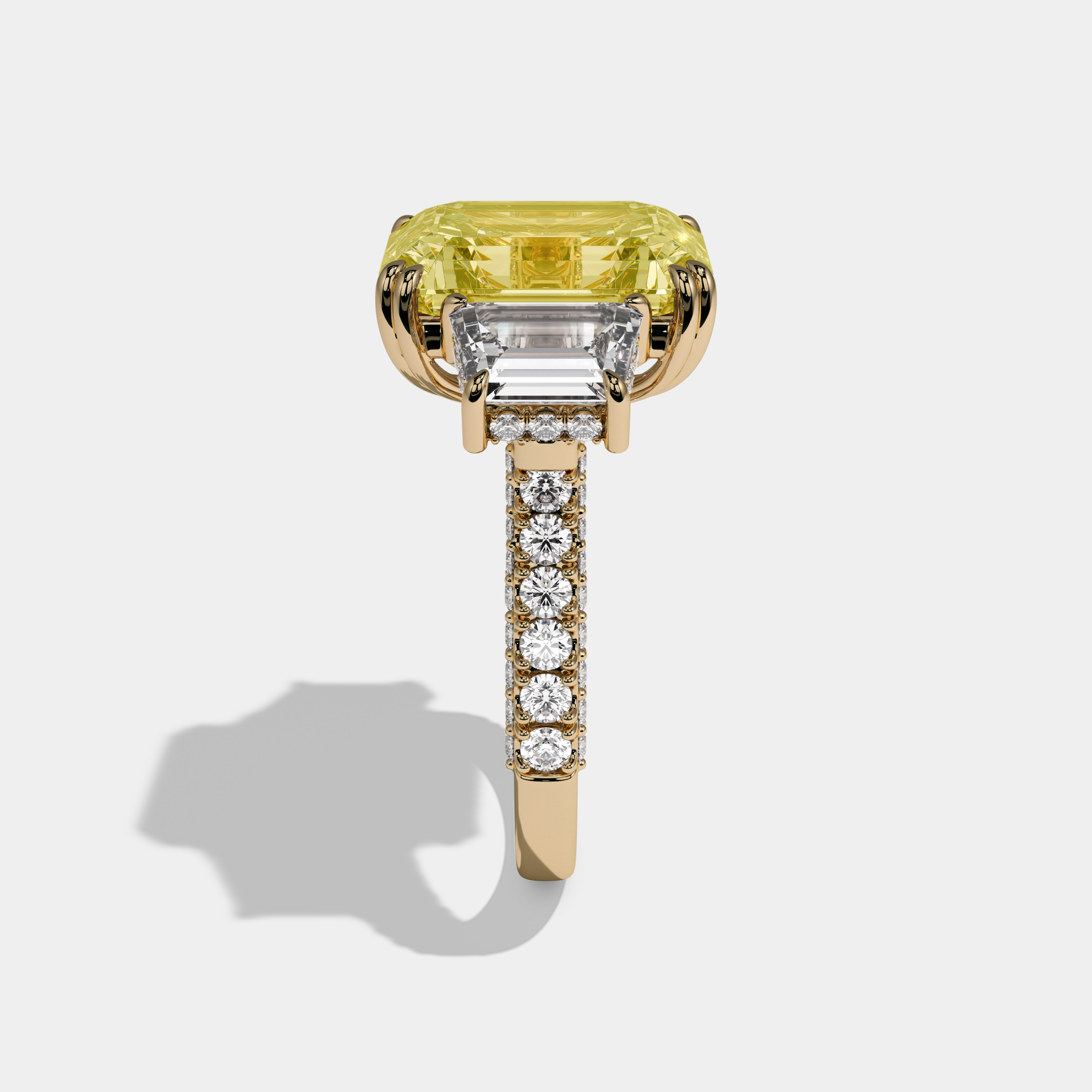 Elizabeth Fancy Yellow Emerald Cut Diamond Halo With Step Cut Side Diamond Band Engagement Ring 10ct 18K Yellow Gold