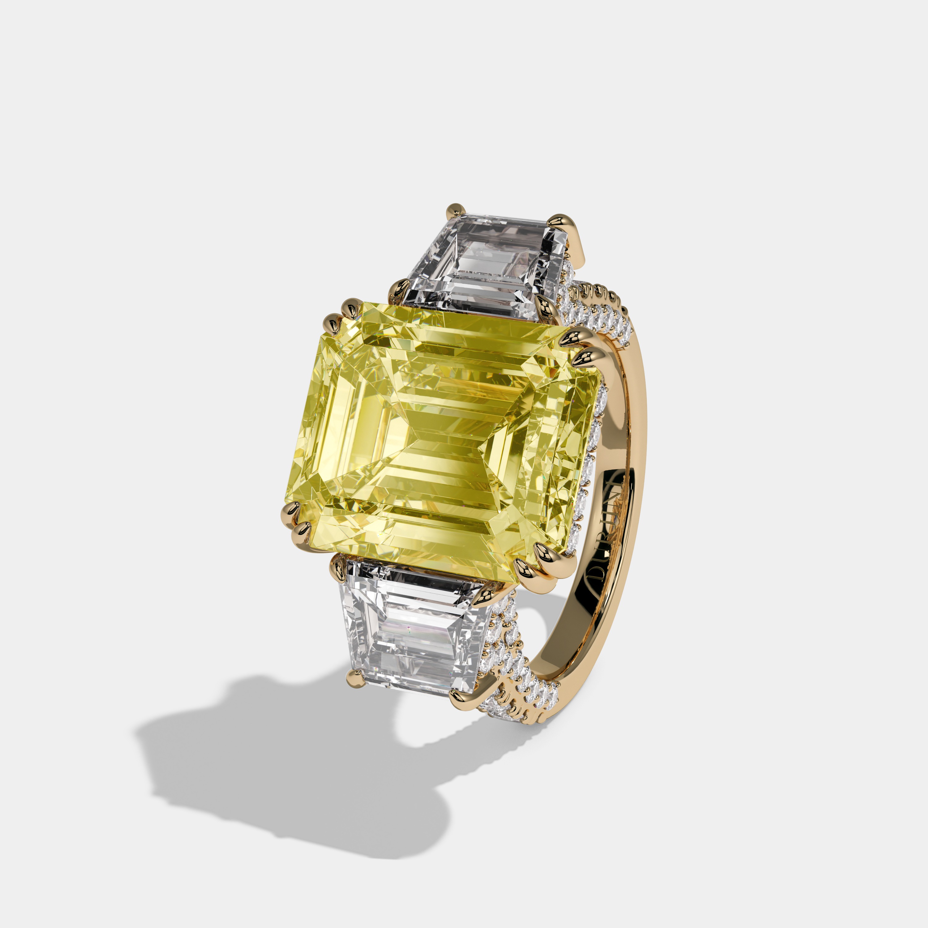 Elizabeth Fancy Yellow Emerald Cut Diamond Halo With Step Cut Side Diamond Band Engagement Ring 10ct 18K Yellow Gold