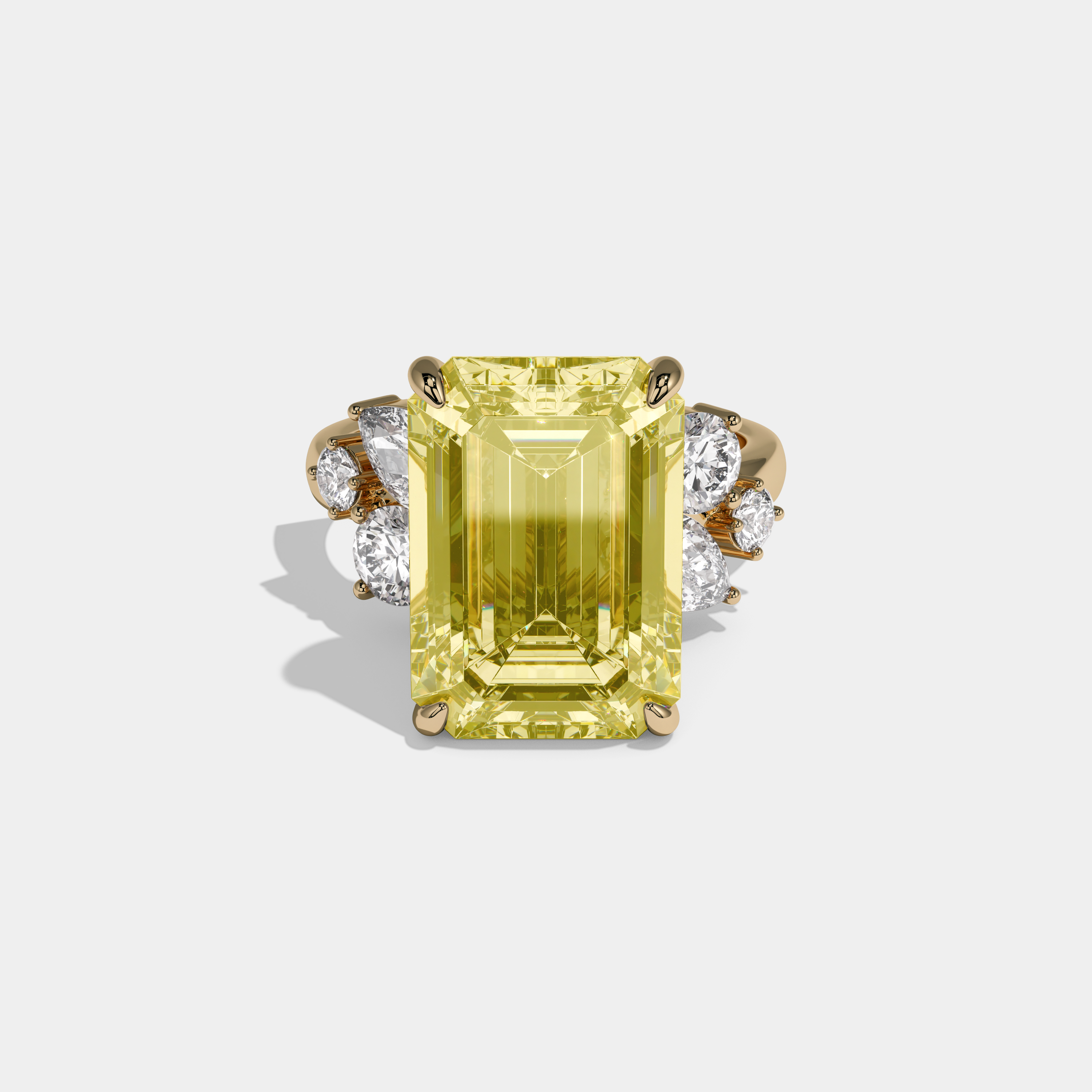 Victoria Fancy Yellow Emerald Cut Diamond Halo Band With Twin Pear Sides Engagement Ring 10ct 18K Yellow Gold
