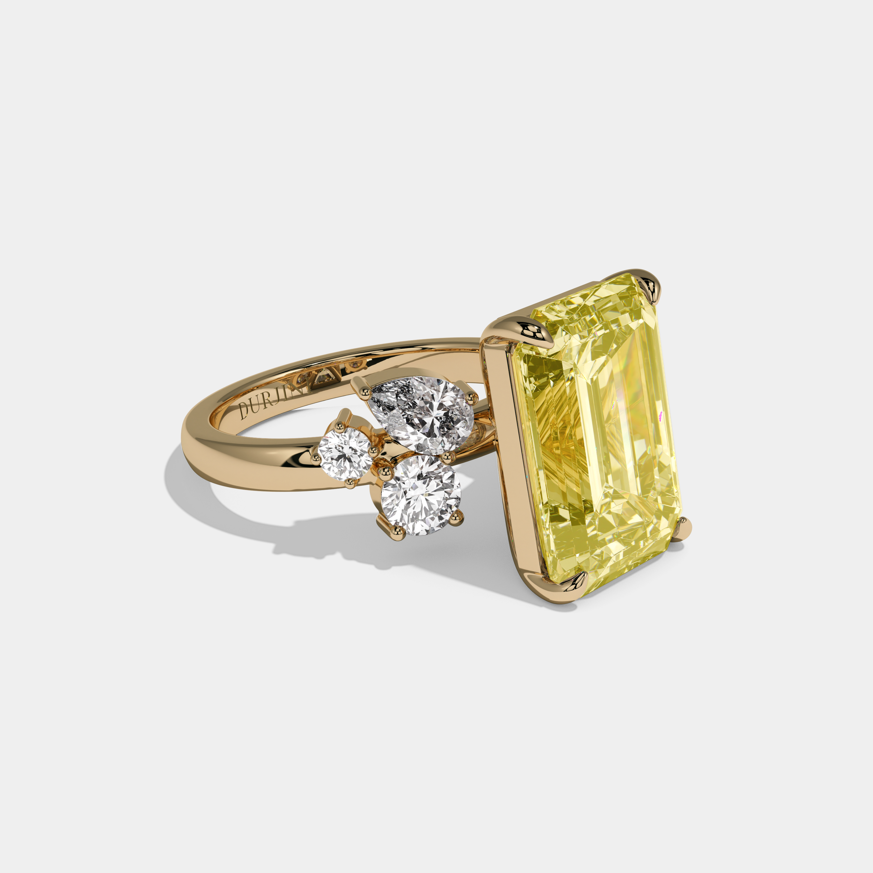 Victoria Fancy Yellow Emerald Cut Diamond Halo Band With Twin Pear Sides Engagement Ring 10ct 18K Yellow Gold