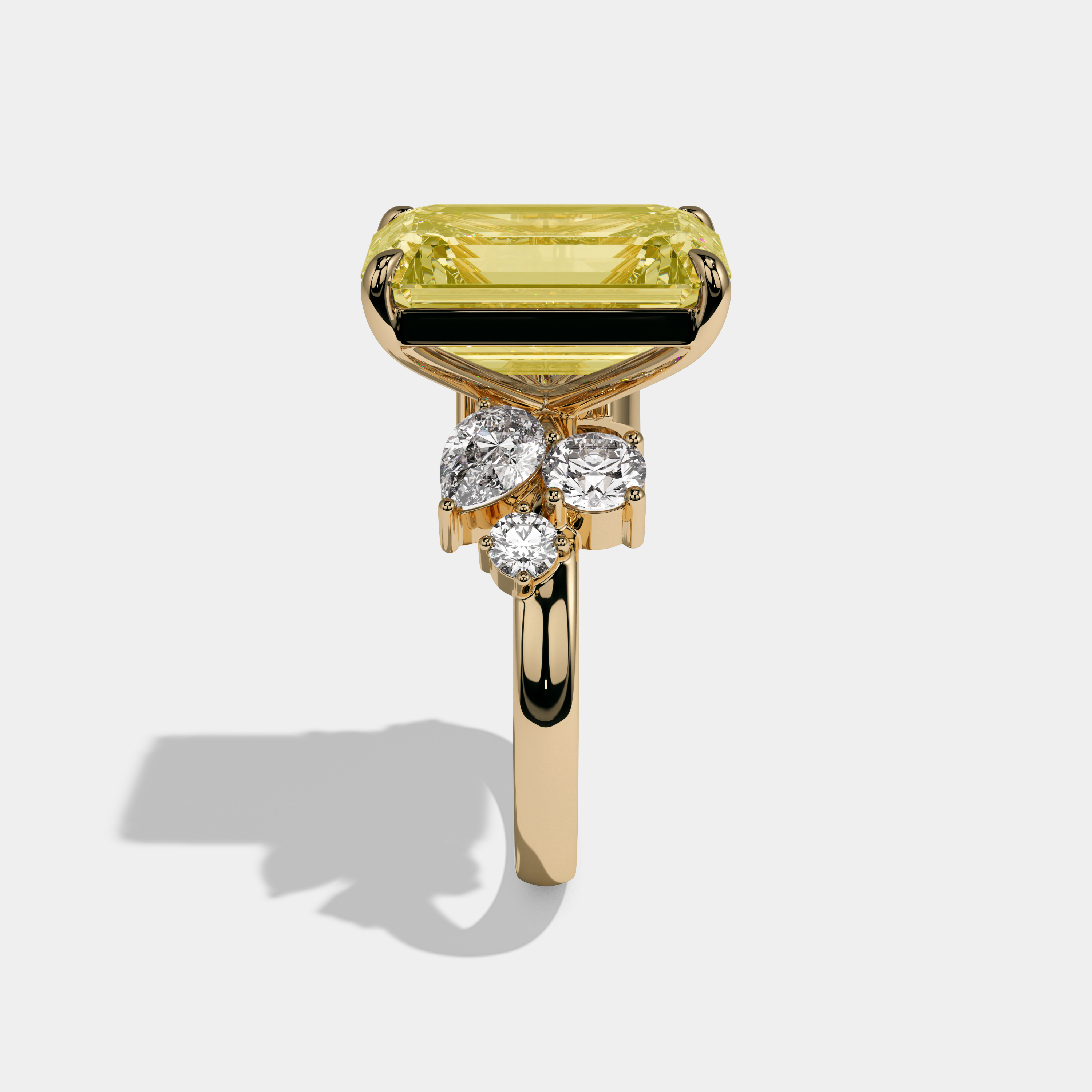 Victoria Fancy Yellow Emerald Cut Diamond Halo Band With Twin Pear Sides Engagement Ring 10ct 18K Yellow Gold