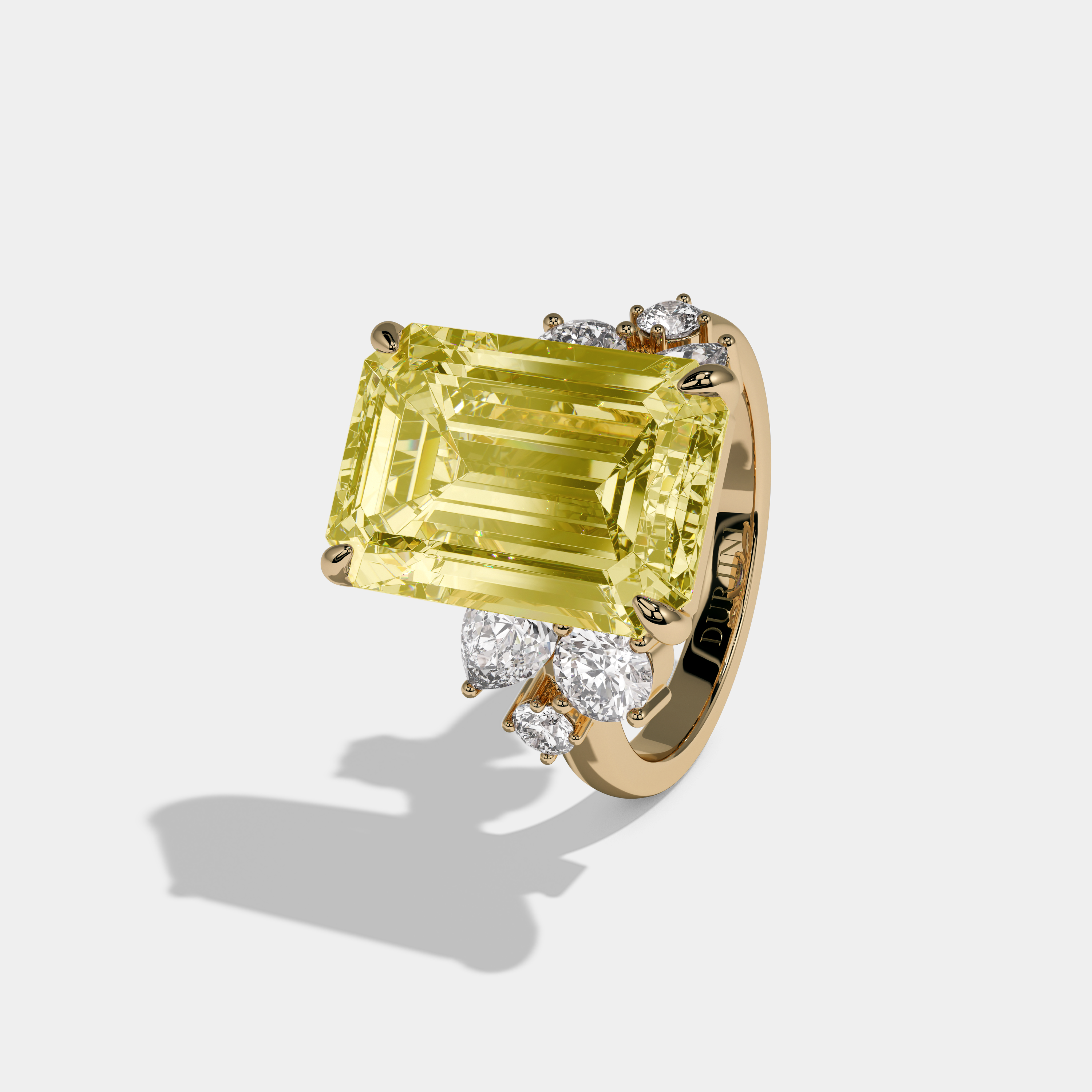 Victoria Fancy Yellow Emerald Cut Diamond Halo Band With Twin Pear Sides Engagement Ring 10ct 18K Yellow Gold