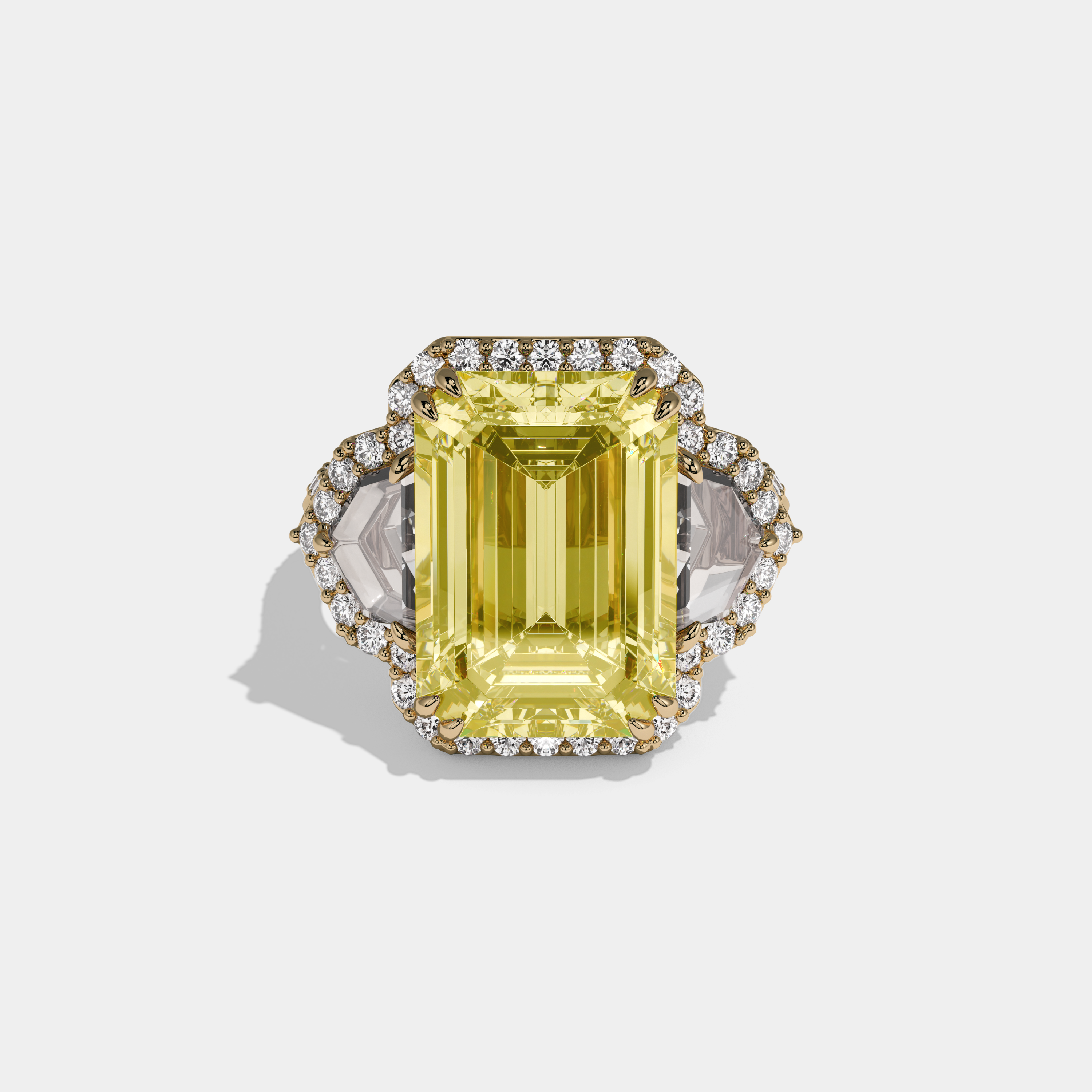 Charlotte Fancy Yellow Emerald Cut Diamond Halo With Pentagon Sides Engagement Ring 10ct 18K Yellow Gold