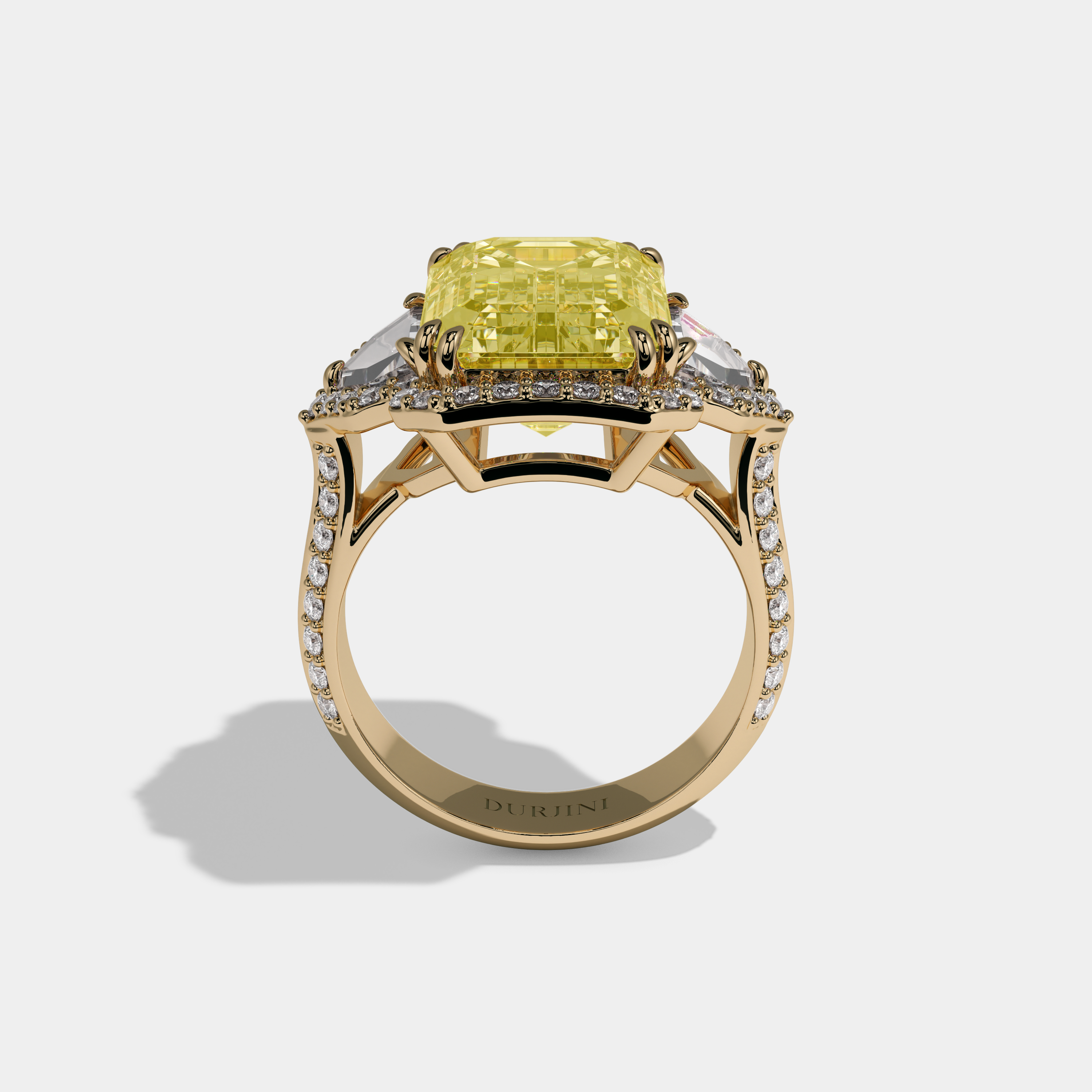 Charlotte Fancy Yellow Emerald Cut Diamond Halo With Pentagon Sides Engagement Ring 10ct 18K Yellow Gold