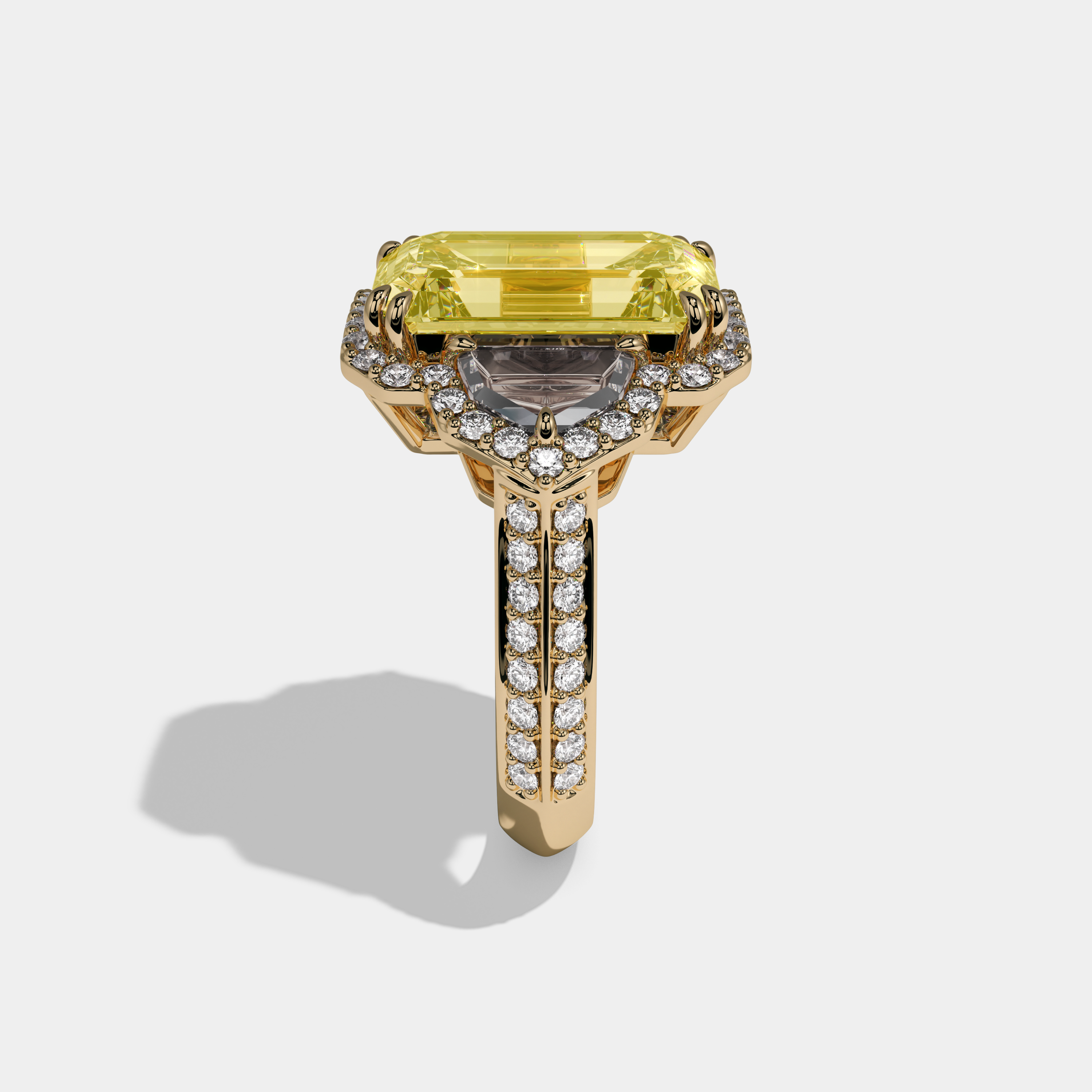 Charlotte Fancy Yellow Emerald Cut Diamond Halo With Pentagon Sides Engagement Ring 10ct 18K Yellow Gold
