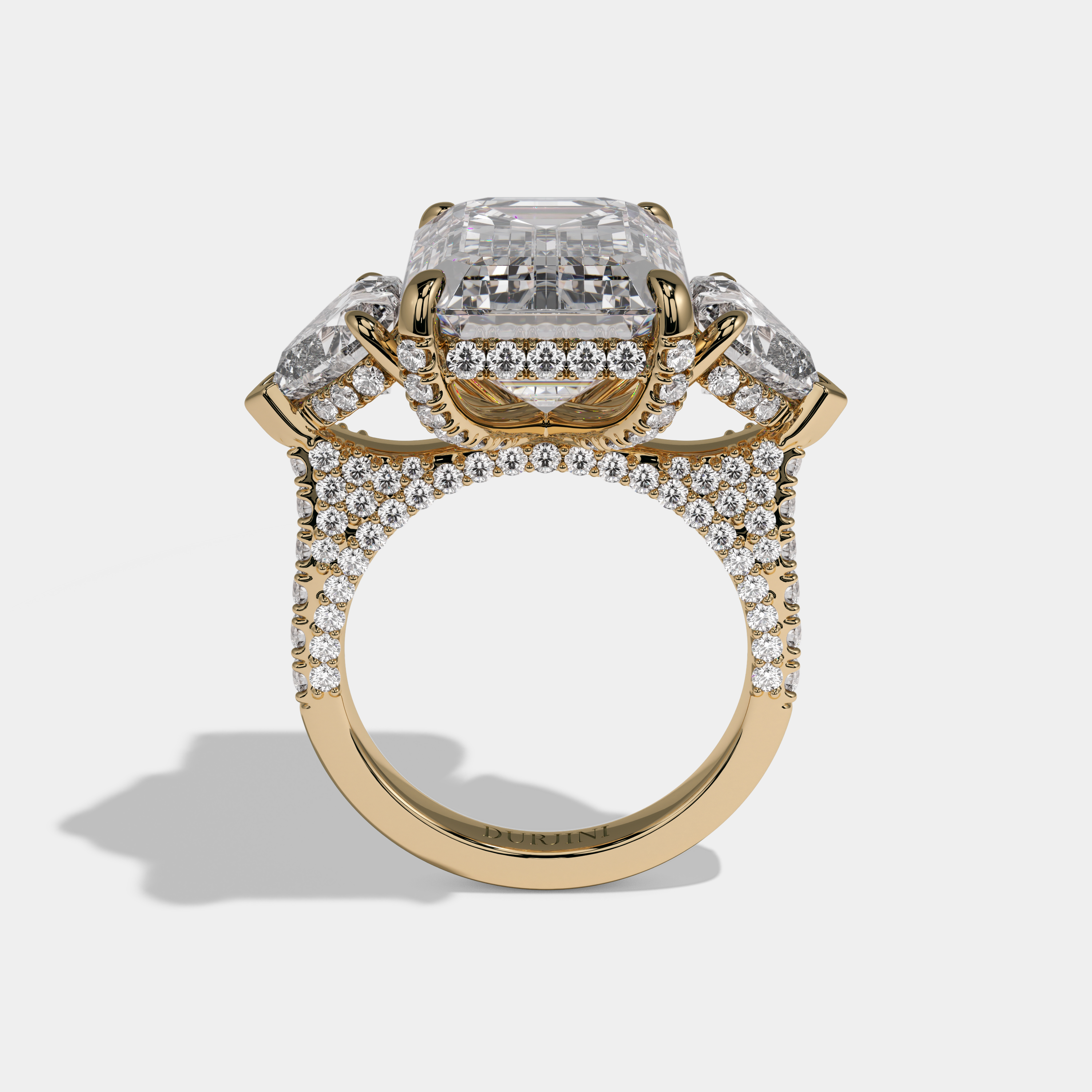 Josephine Emerald Cut Diamond Halo With Twin Heart Sides Engagement Ring 10ct 18K Yellow Gold
