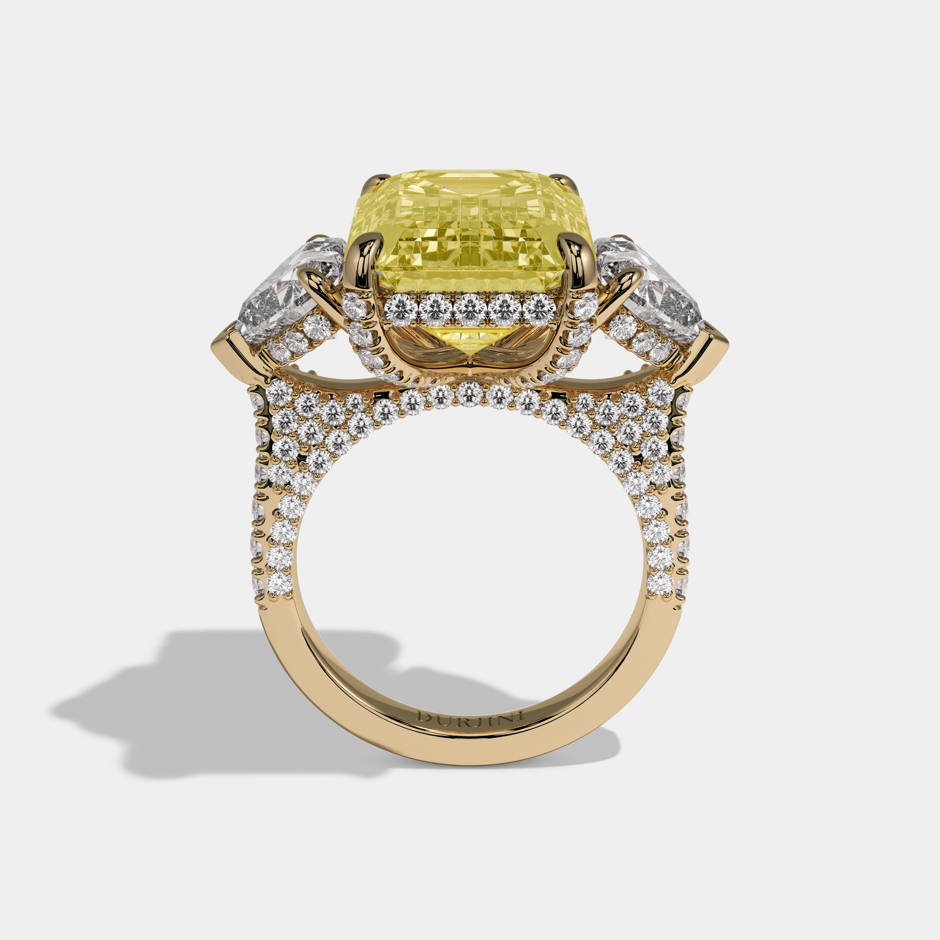 Diana Fancy Yellow Emerald Cut Diamond Halo With Twin Heart Sides Engagement Ring 10ct 18K Yellow Gold