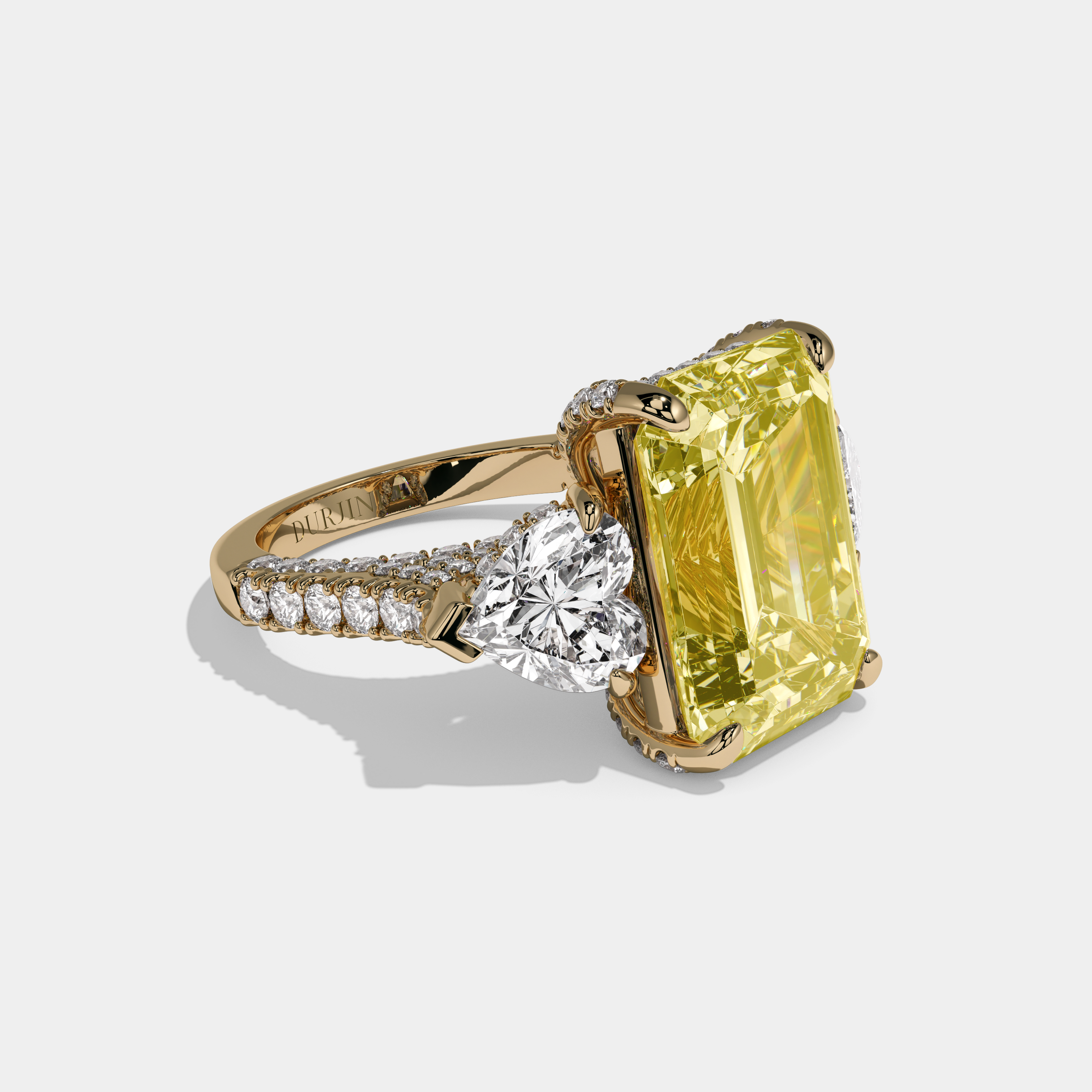 Elizabeth Fancy Yellow Emerald Cut Diamond Band With Heart Sides Engagement Ring 10ct 18K Yellow Gold