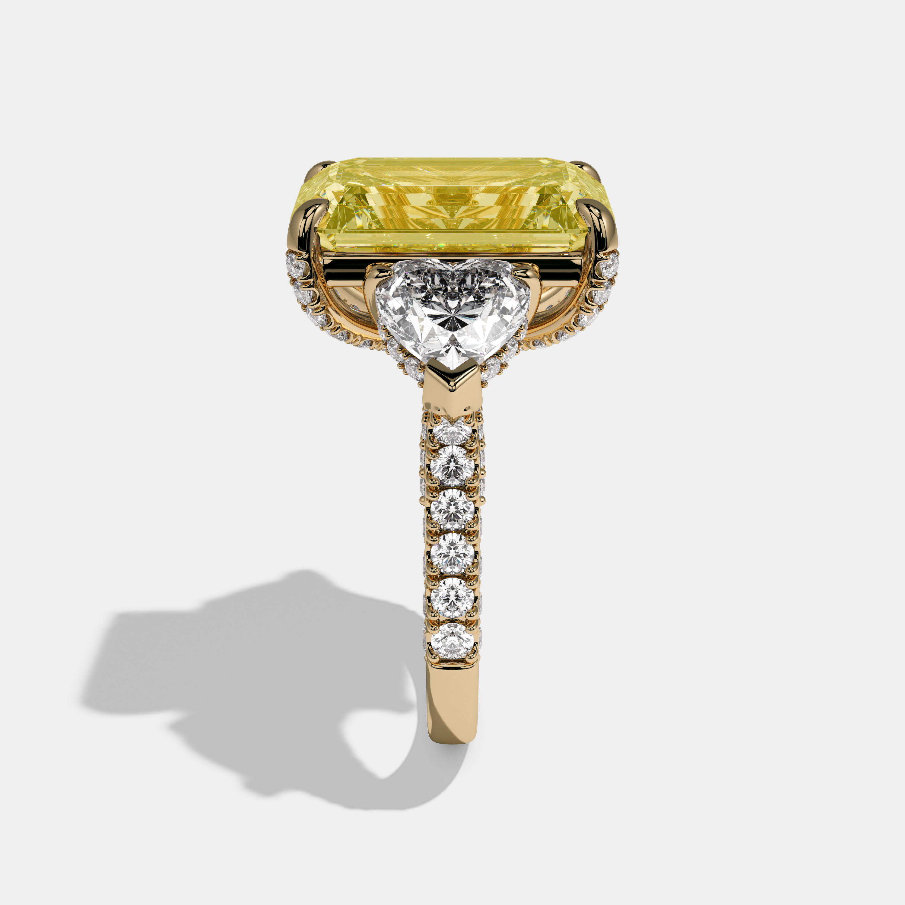 Elizabeth Fancy Yellow Emerald Cut Diamond Band With Heart Sides Engagement Ring 10ct 18K Yellow Gold
