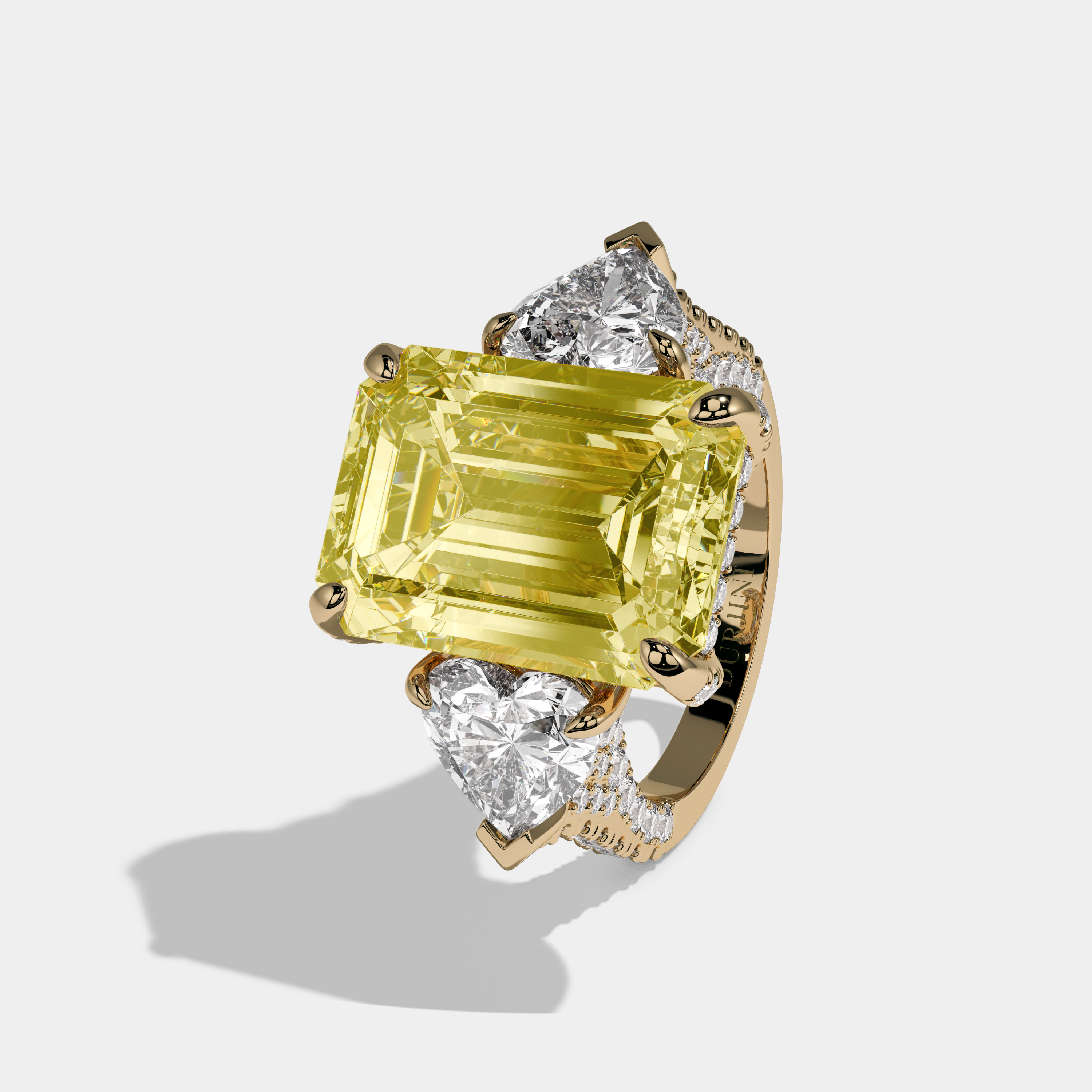 Elizabeth Fancy Yellow Emerald Cut Diamond Band With Heart Sides Engagement Ring 10ct 18K Yellow Gold