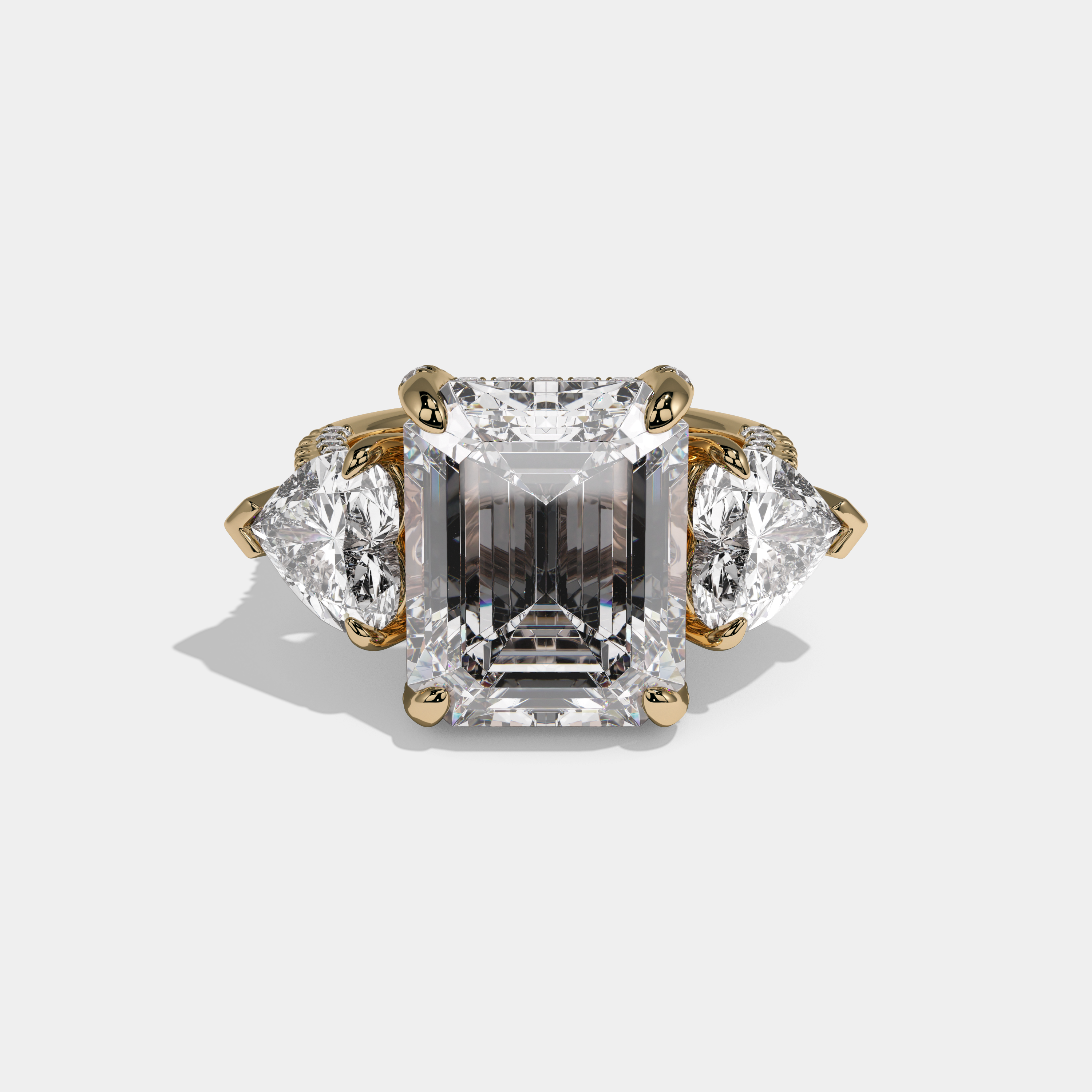 Clementina Emerald Cut Diamond Halo With Heart Sides & Diamond Band Engagement Ring 10ct 18K Yellow Gold