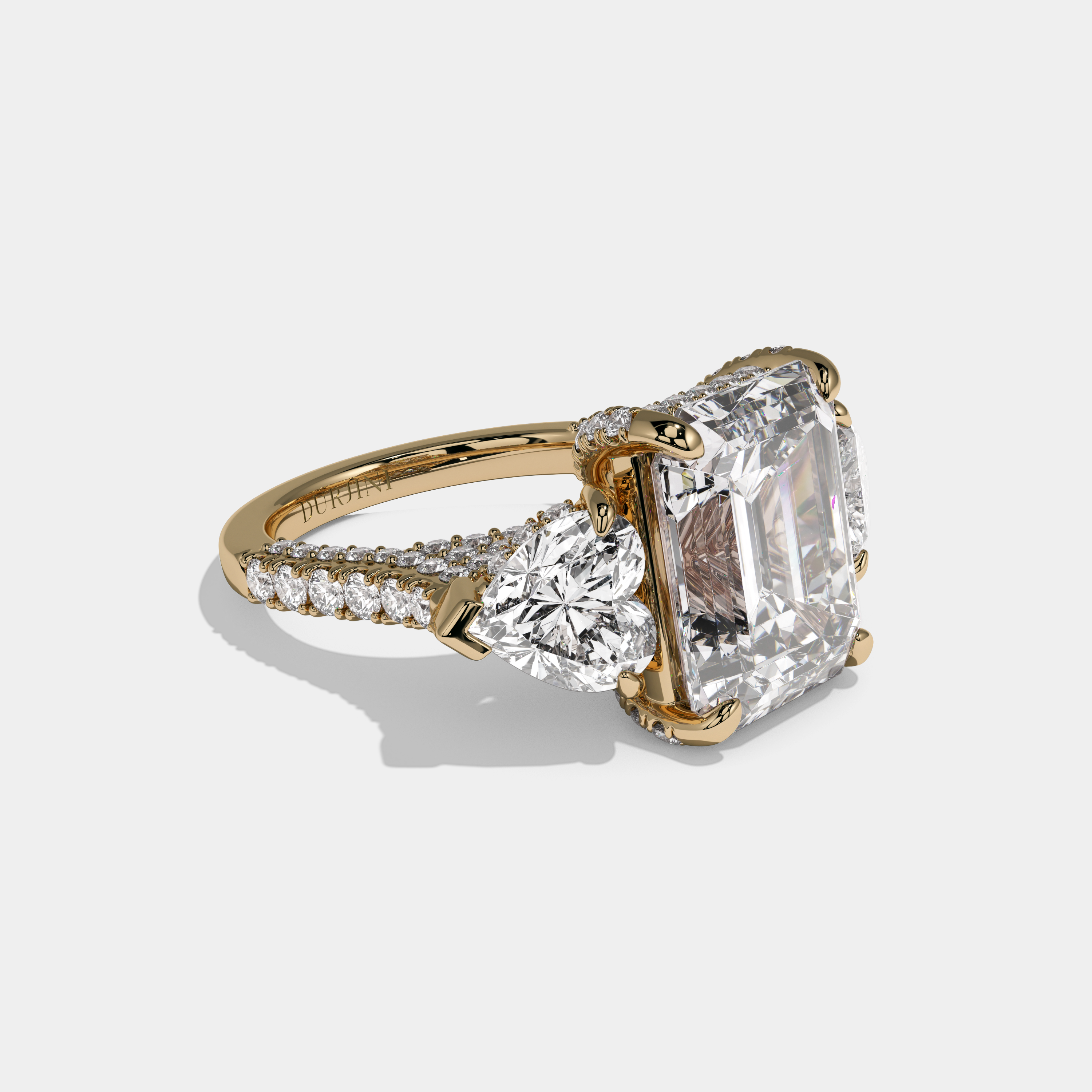 Clementina Emerald Cut Diamond Halo With Heart Sides & Diamond Band Engagement Ring 10ct 18K Yellow Gold