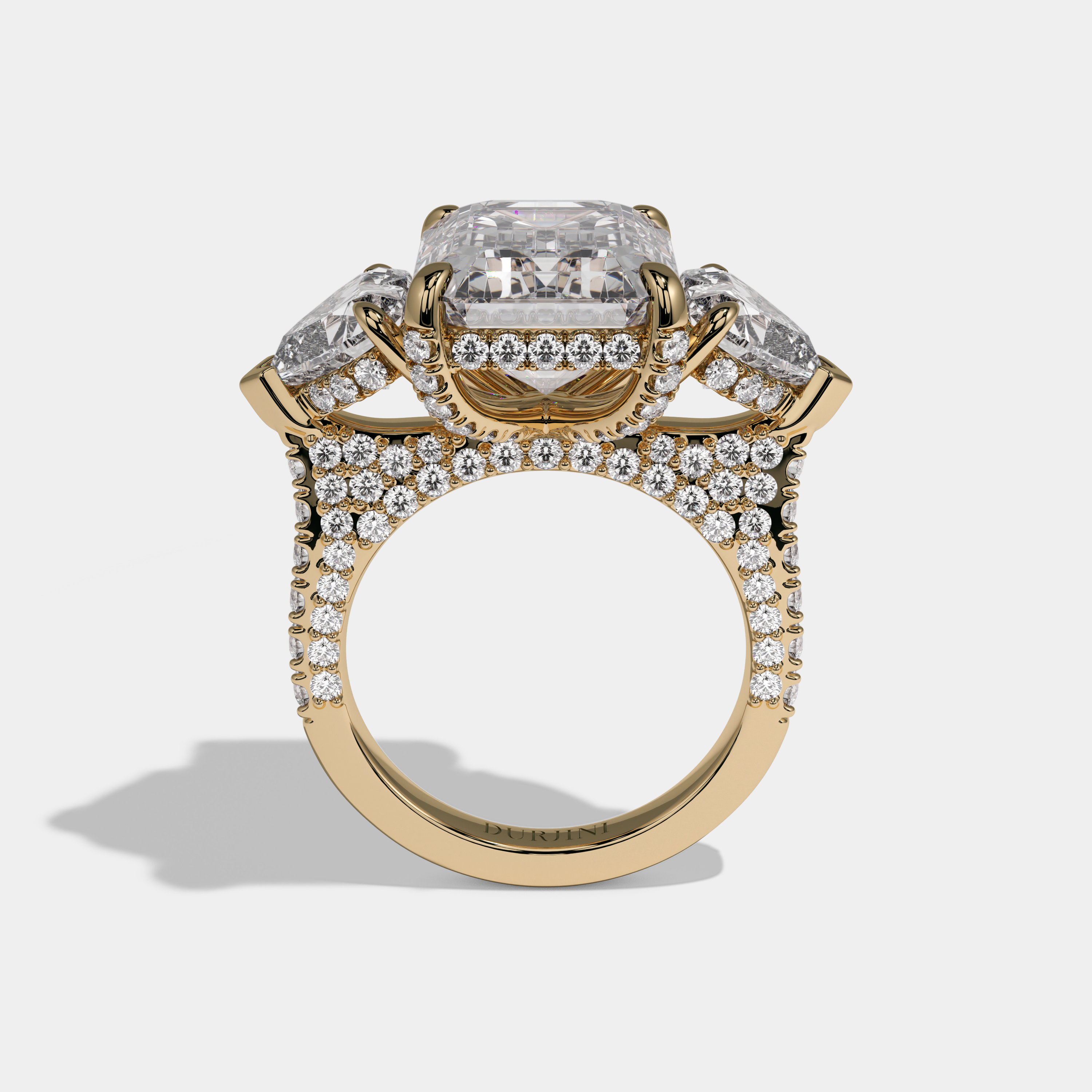 Clementina Emerald Cut Diamond Halo With Heart Sides & Diamond Band Engagement Ring 10ct 18K Yellow Gold