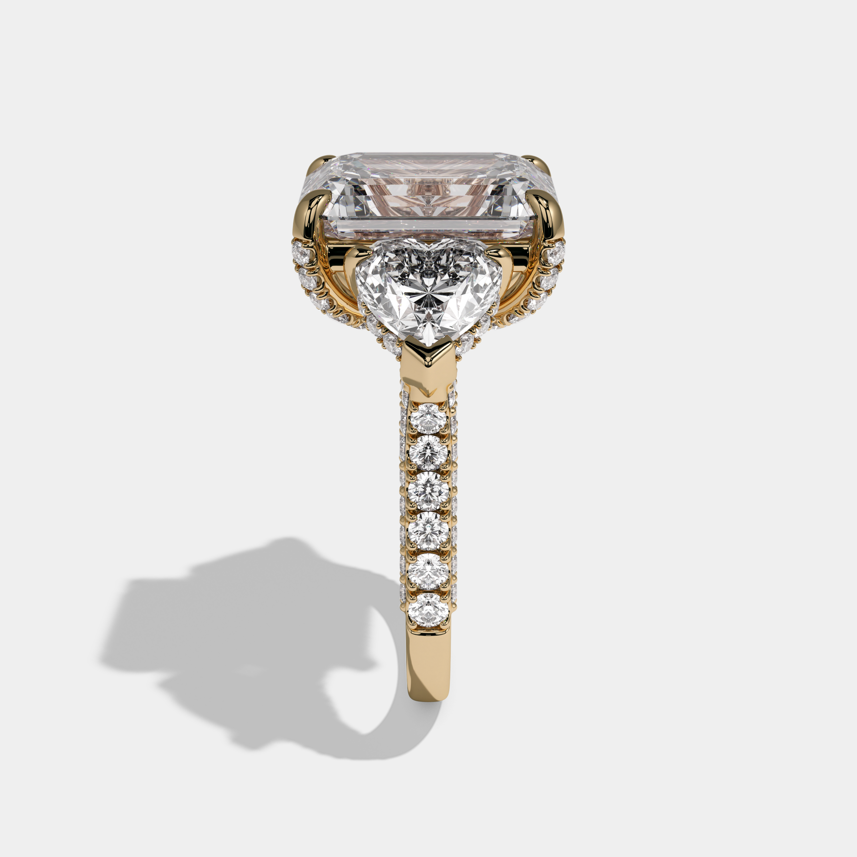 Clementina Emerald Cut Diamond Halo With Heart Sides & Diamond Band Engagement Ring 10ct 18K Yellow Gold