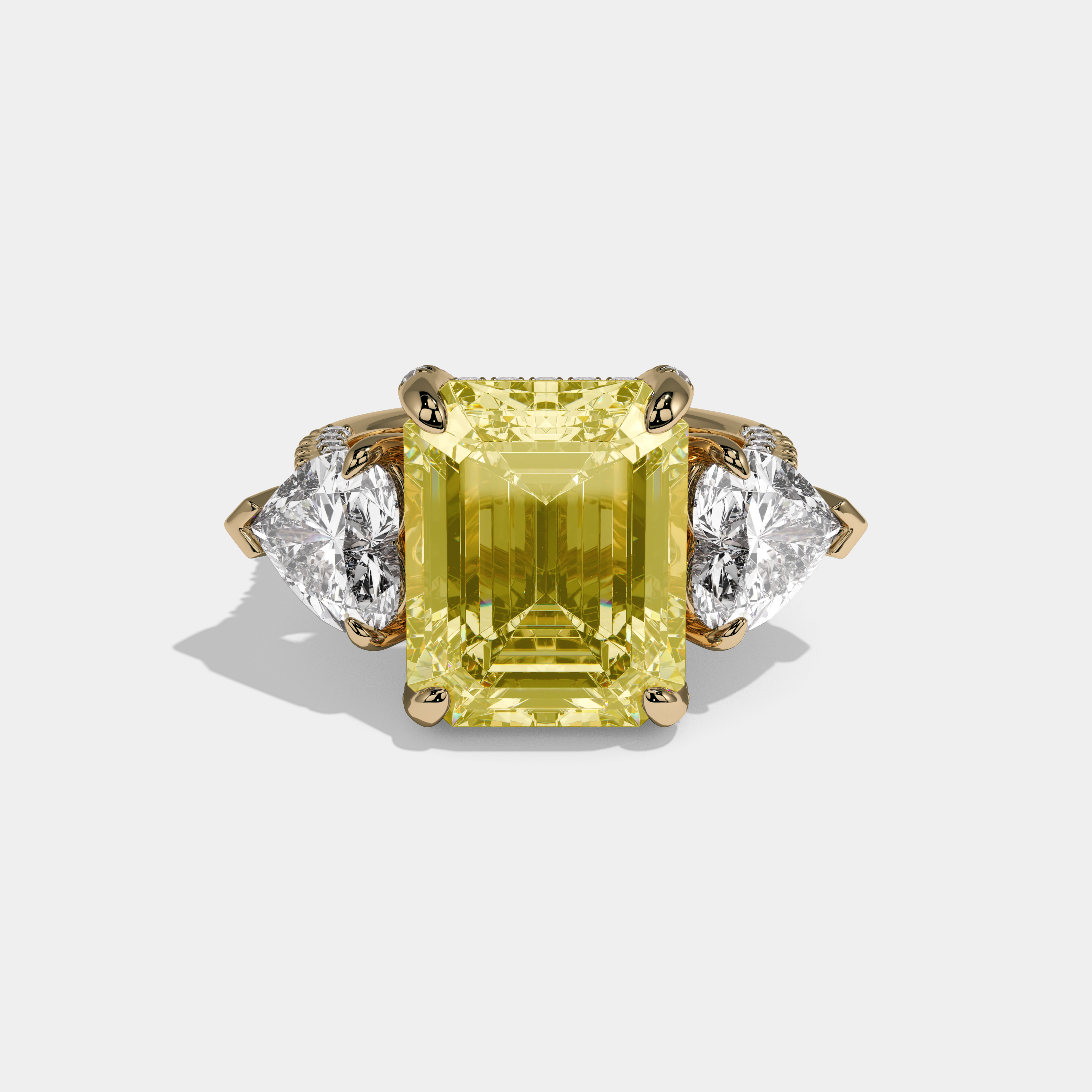 Victoria Fancy Yellow Emerald Cut Diamond Halo With Heart Sides & Diamond Band Engagement Ring 10ct 18K Yellow Gold