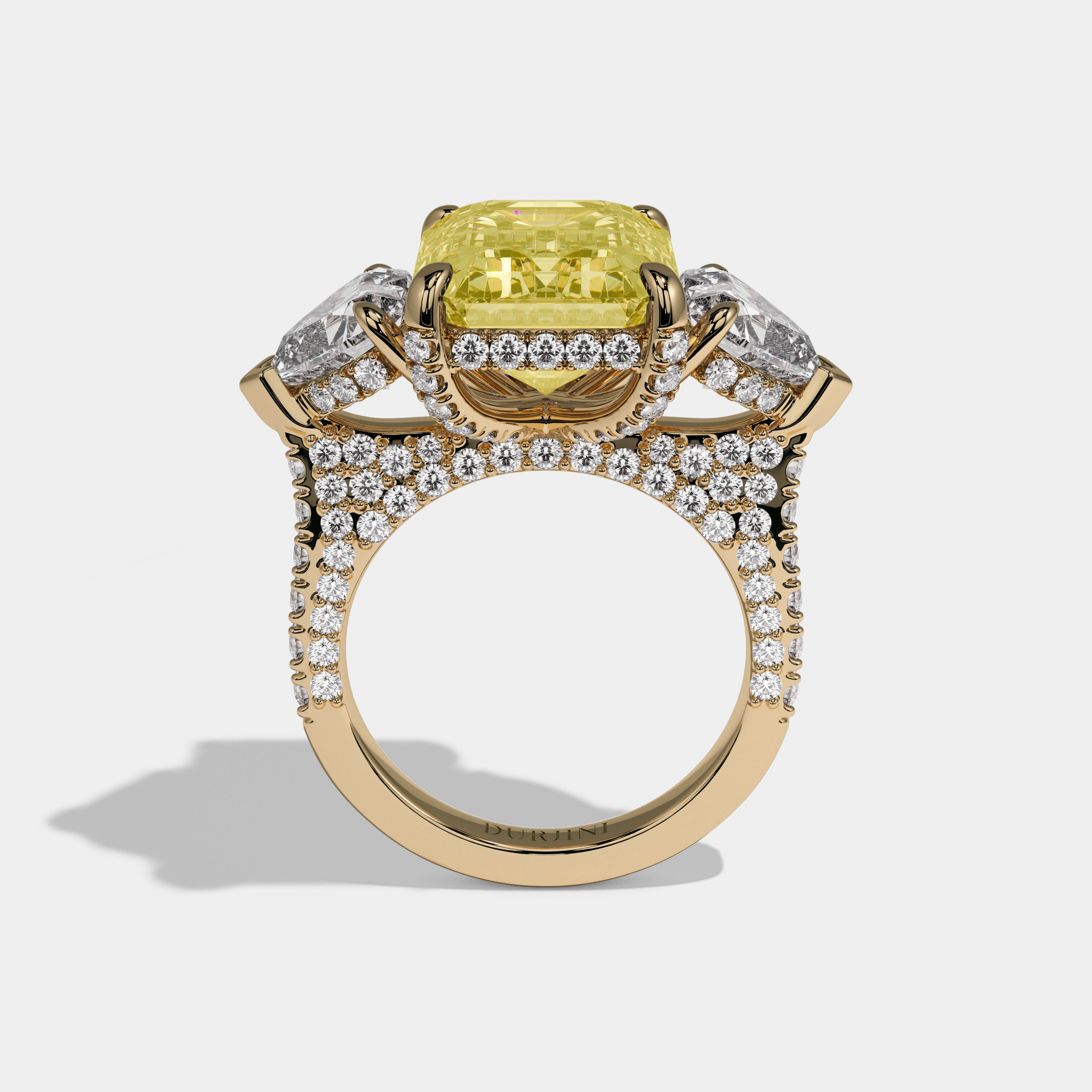 Victoria Fancy Yellow Emerald Cut Diamond Halo With Heart Sides & Diamond Band Engagement Ring 10ct 18K Yellow Gold