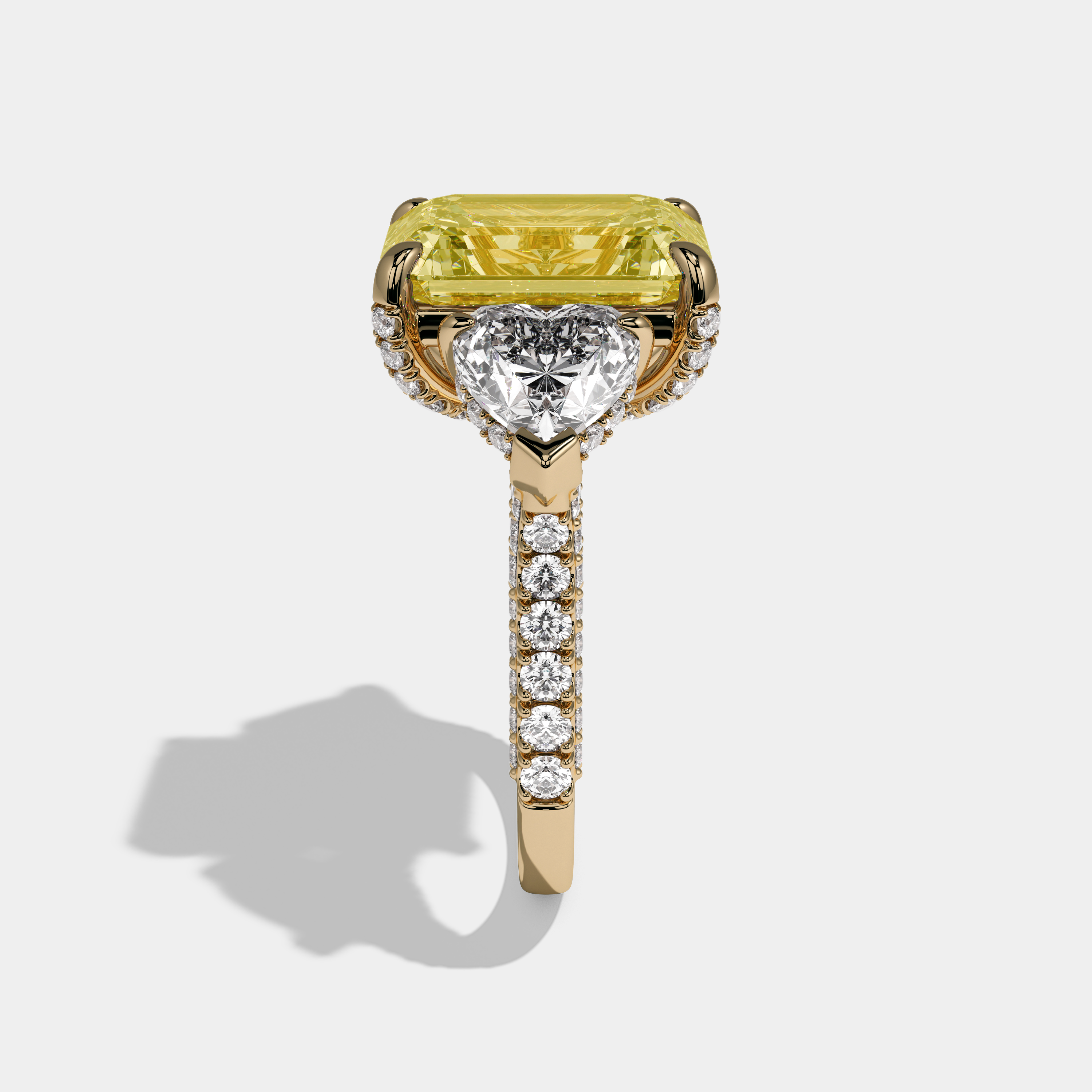 Victoria Fancy Yellow Emerald Cut Diamond Halo With Heart Sides & Diamond Band Engagement Ring 10ct 18K Yellow Gold