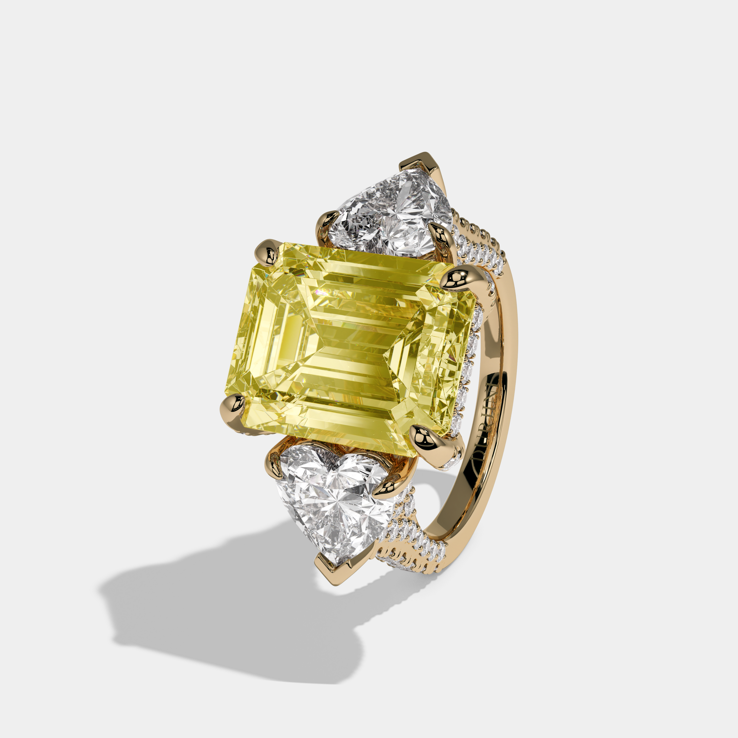 Victoria Fancy Yellow Emerald Cut Diamond Halo With Heart Sides & Diamond Band Engagement Ring 10ct 18K Yellow Gold