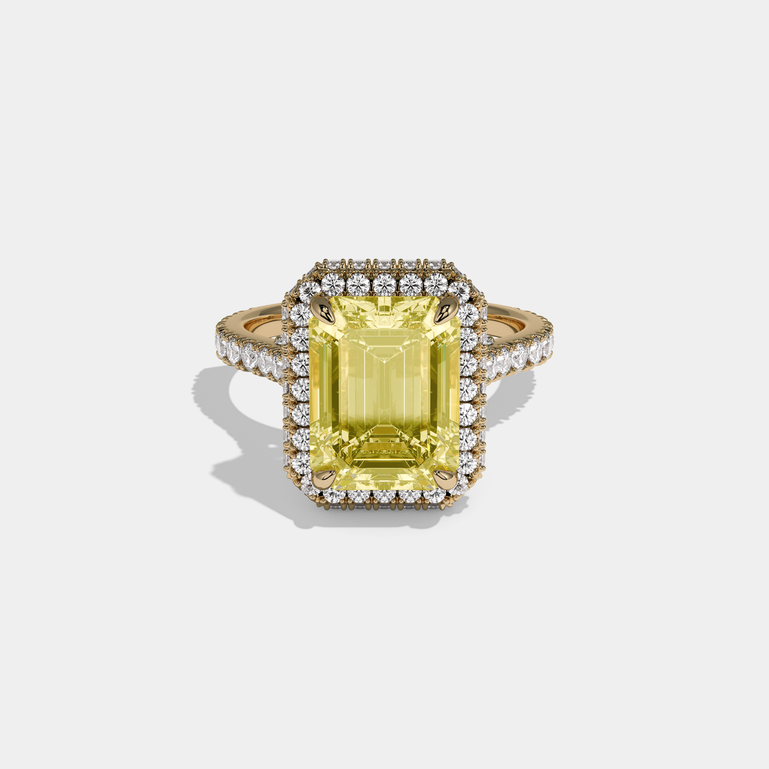 Arabella Fancy Yellow Emerald Cut Diamond Double Halo Band Engagement Ring 8ct 18K Yellow Gold