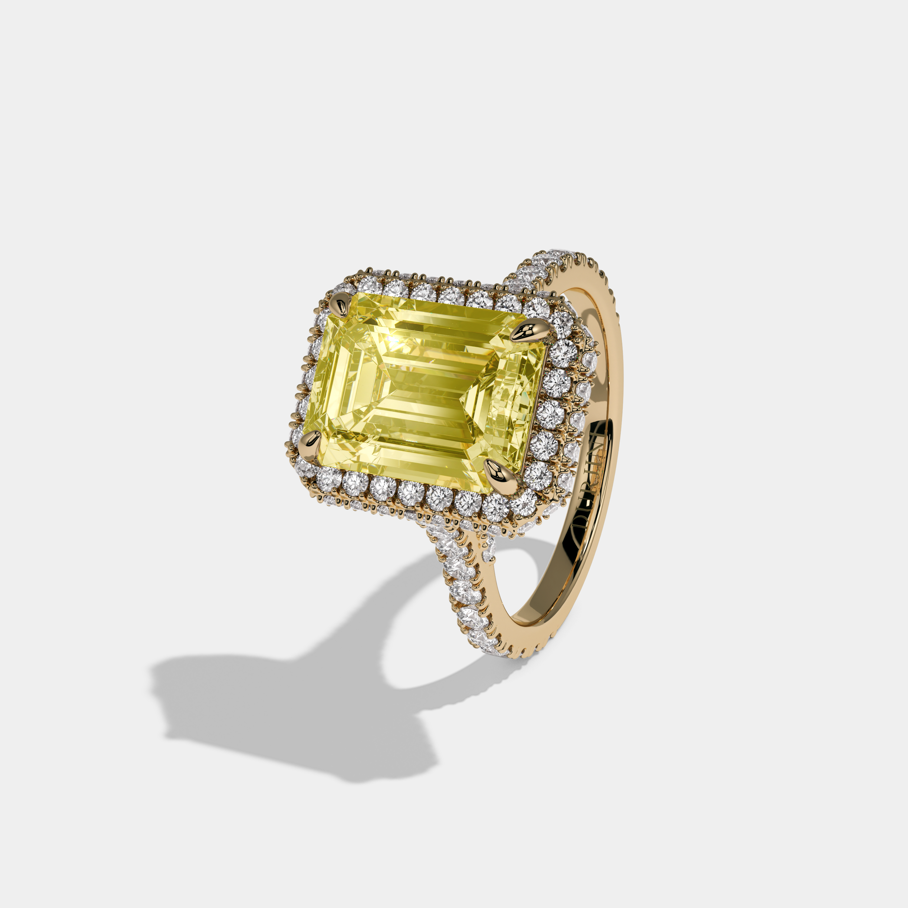 Arabella Fancy Yellow Emerald Cut Diamond Double Halo Band Engagement Ring 8ct 18K Yellow Gold