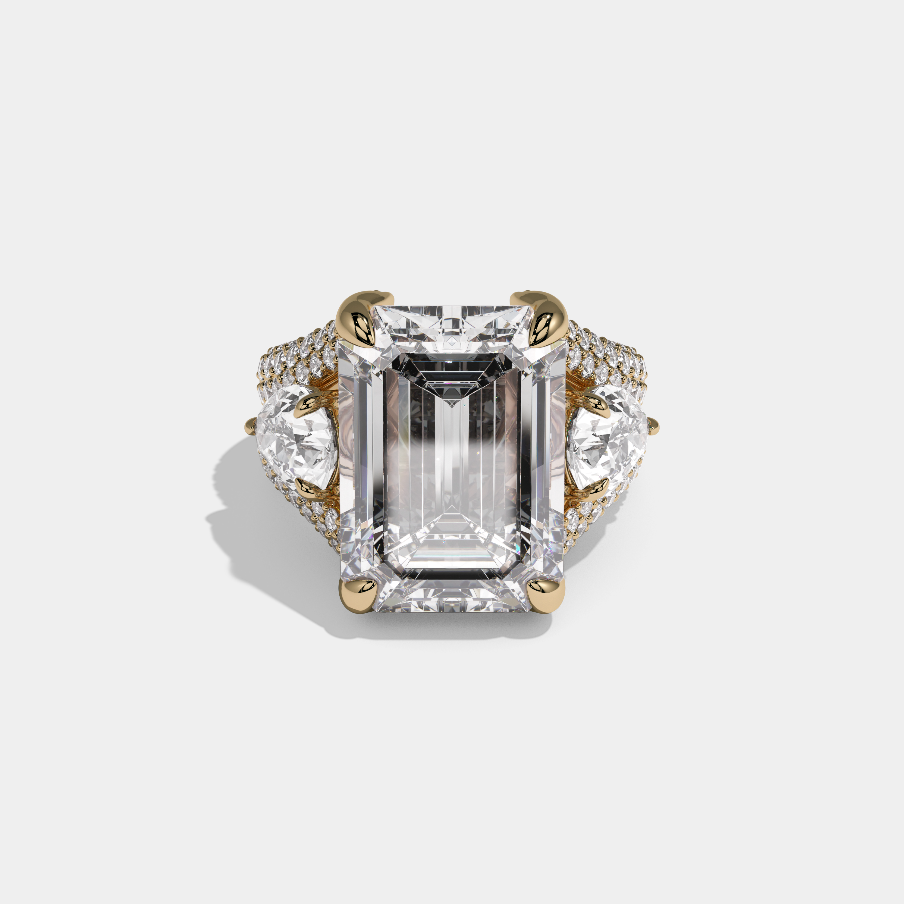 Frances Emerald Cut Cathedral Set Diamond Halo With Pear Sides Engagement Ring 10ct 18K Yellow Gold