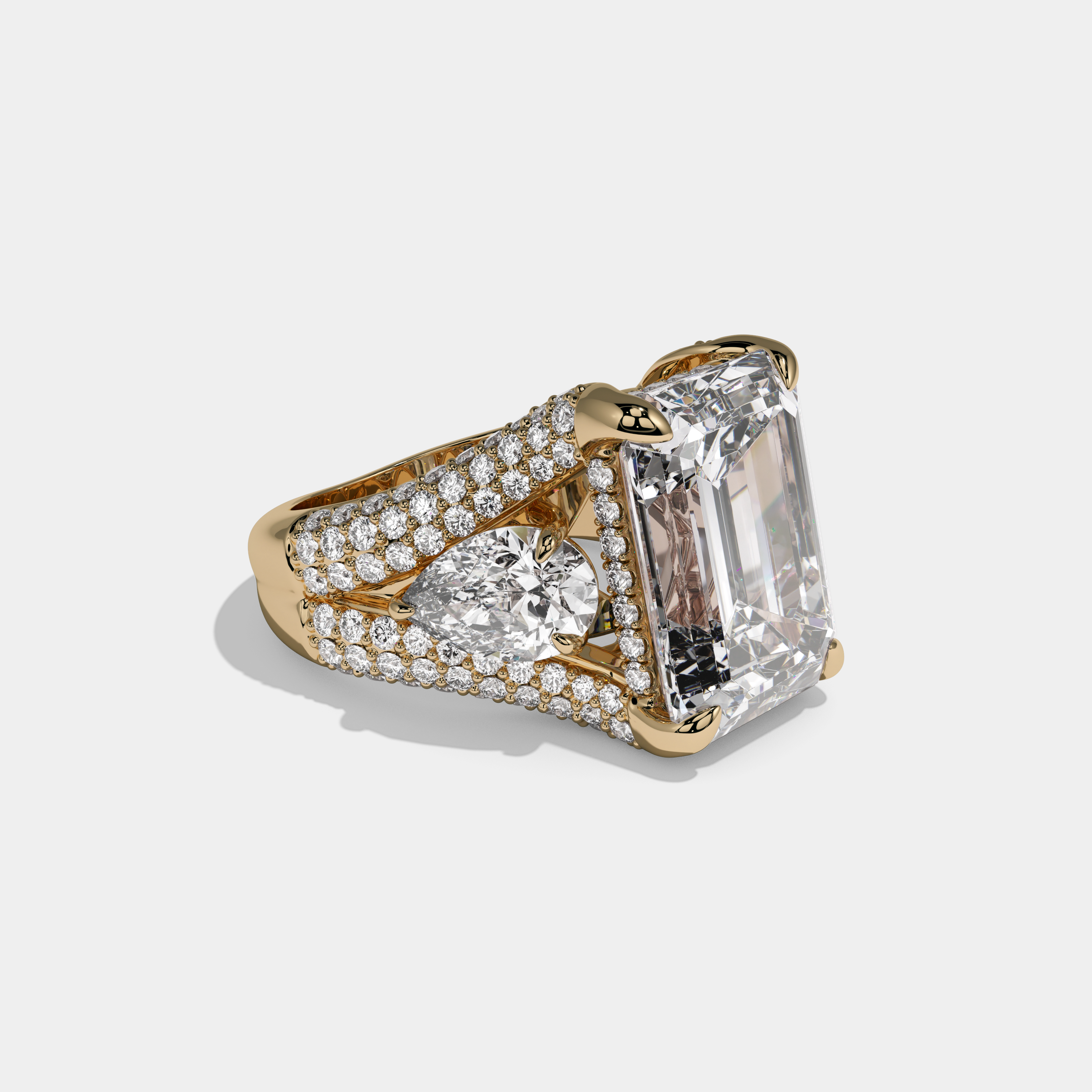 Frances Emerald Cut Cathedral Set Diamond Halo With Pear Sides Engagement Ring 10ct 18K Yellow Gold