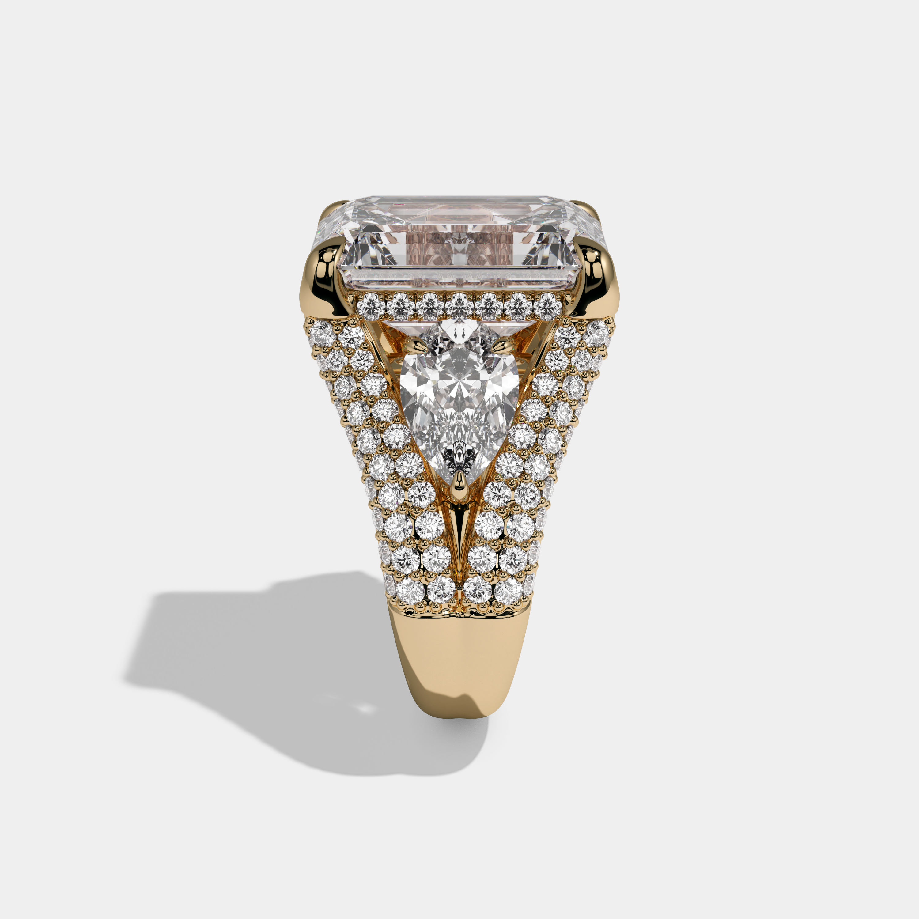 Frances Emerald Cut Cathedral Set Diamond Halo With Pear Sides Engagement Ring 10ct 18K Yellow Gold
