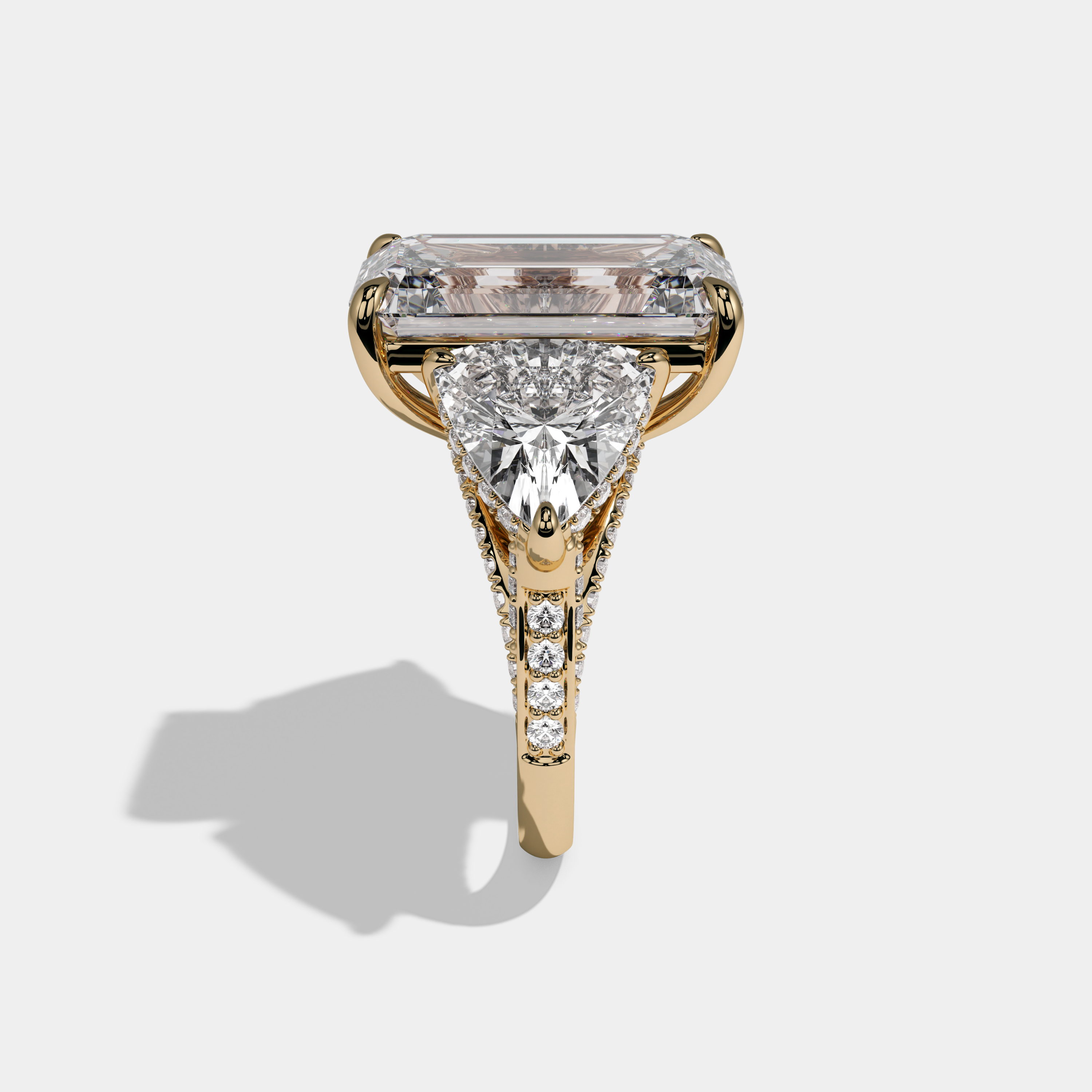 Edith Emerald Cut Diamond Halo With Twin Trillion Cut Sides Engagement Ring 10ct 18K Yellow Gold
