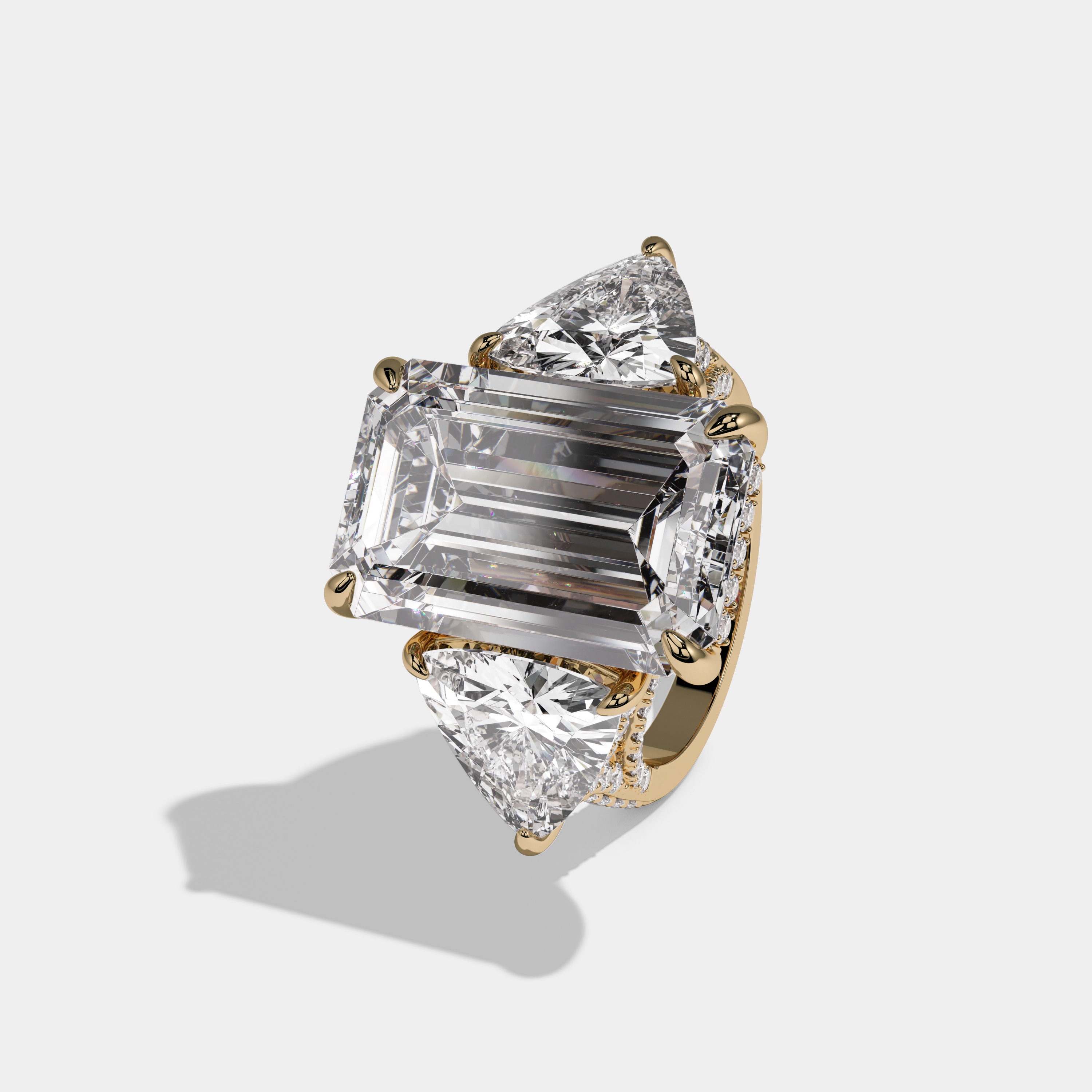 Edith Emerald Cut Diamond Halo With Twin Trillion Cut Sides Engagement Ring 10ct 18K Yellow Gold