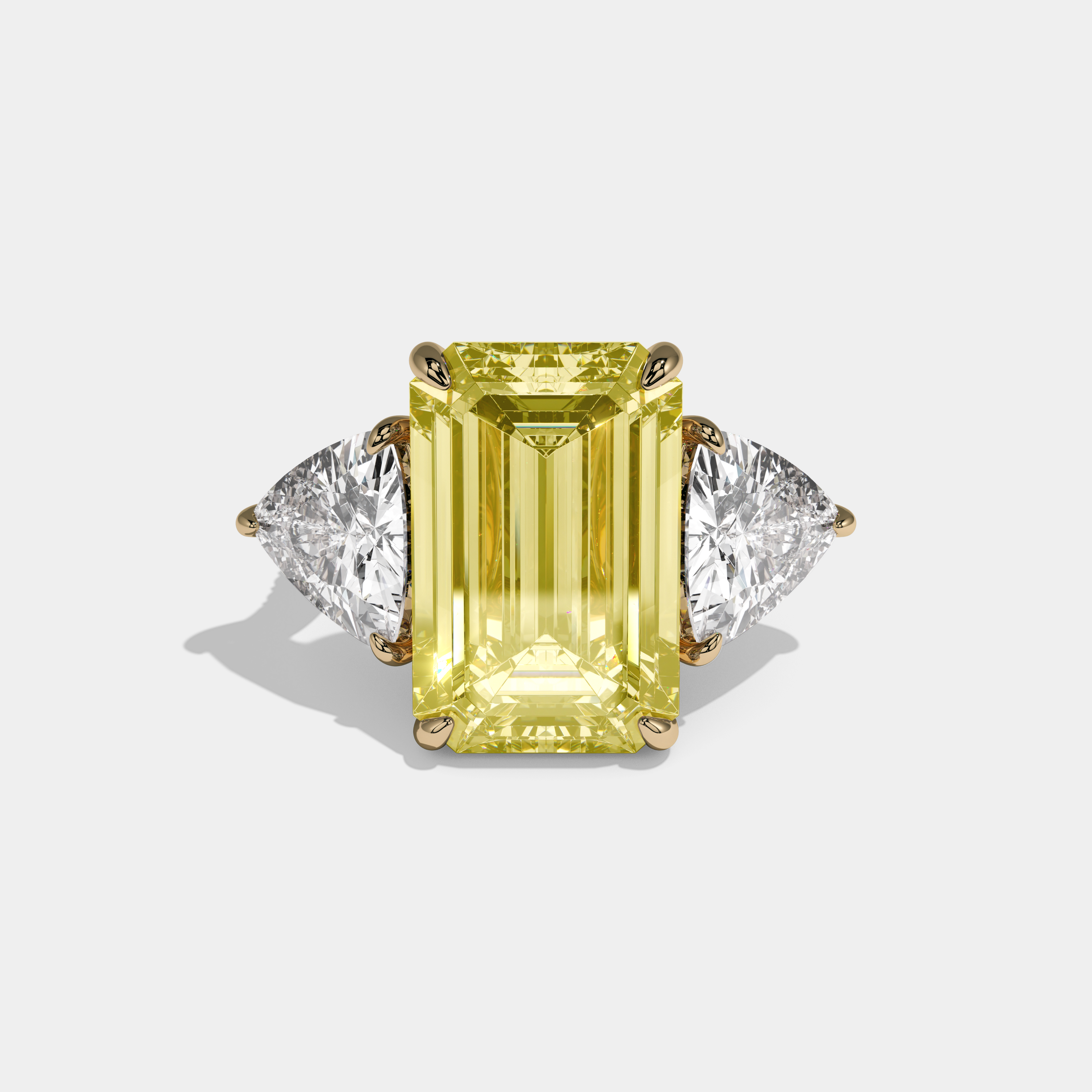 Arabella Fancy Yellow Emerald Cut Diamond Halo With Twin Trillion Cut Sides Engagement Ring 10ct 18K Yellow Gold