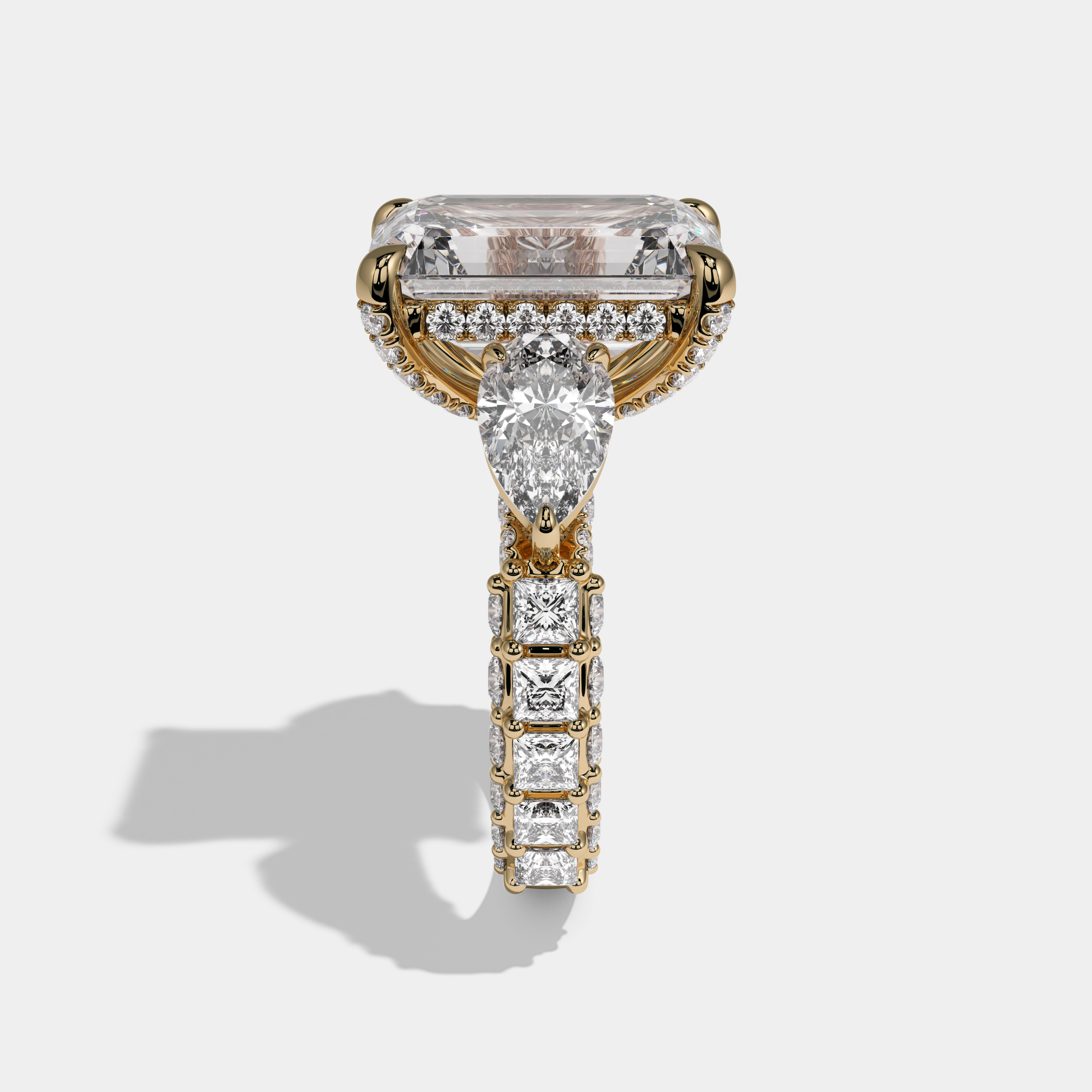Theodora Emerald Cut Diamond Princess Band With Pear Sides Engagement Ring 10ct 18K Yellow Gold