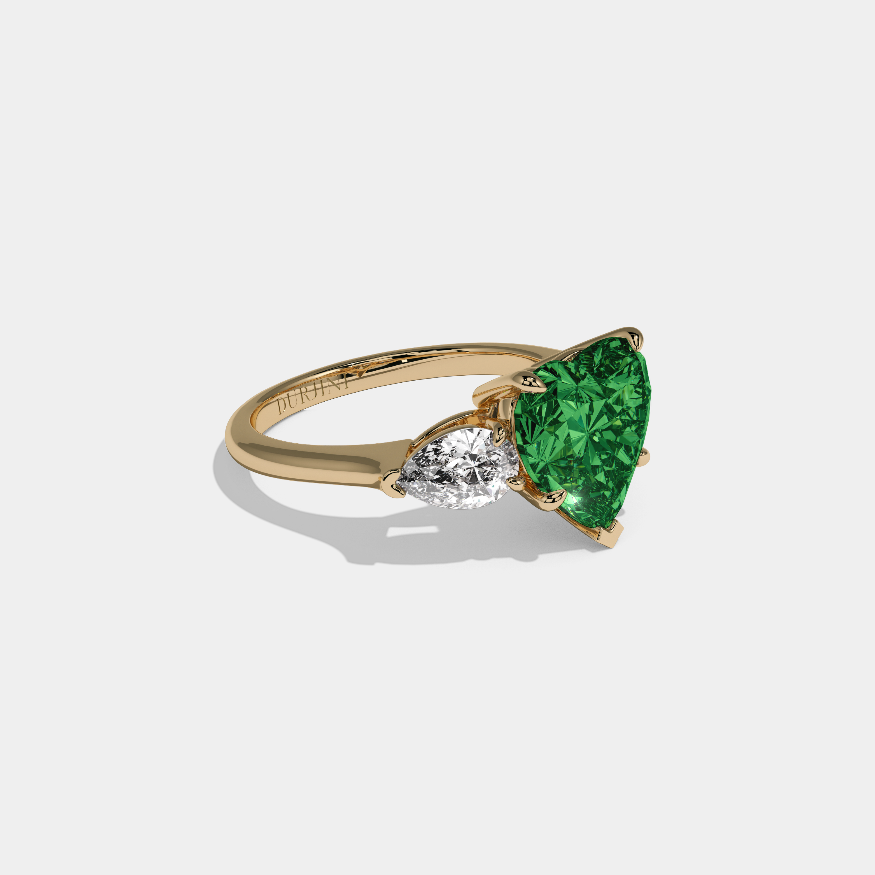 Helena Fancy Dark Green Heart Cut Diamond Plain Band With Pear Cut Sides Engagement Ring 8ct 18K Yellow Gold