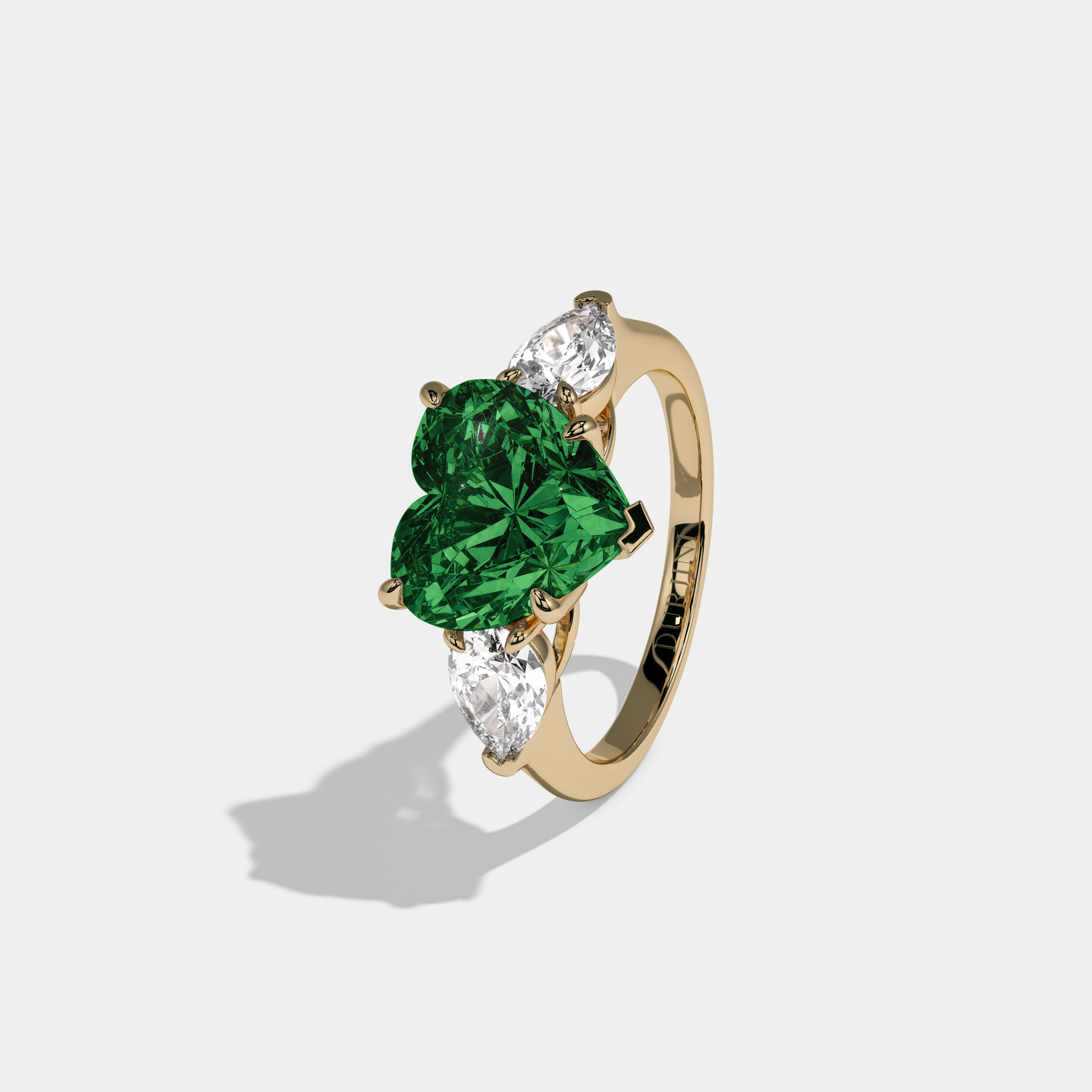 Helena Fancy Dark Green Heart Cut Diamond Plain Band With Pear Cut Sides Engagement Ring 8ct 18K Yellow Gold