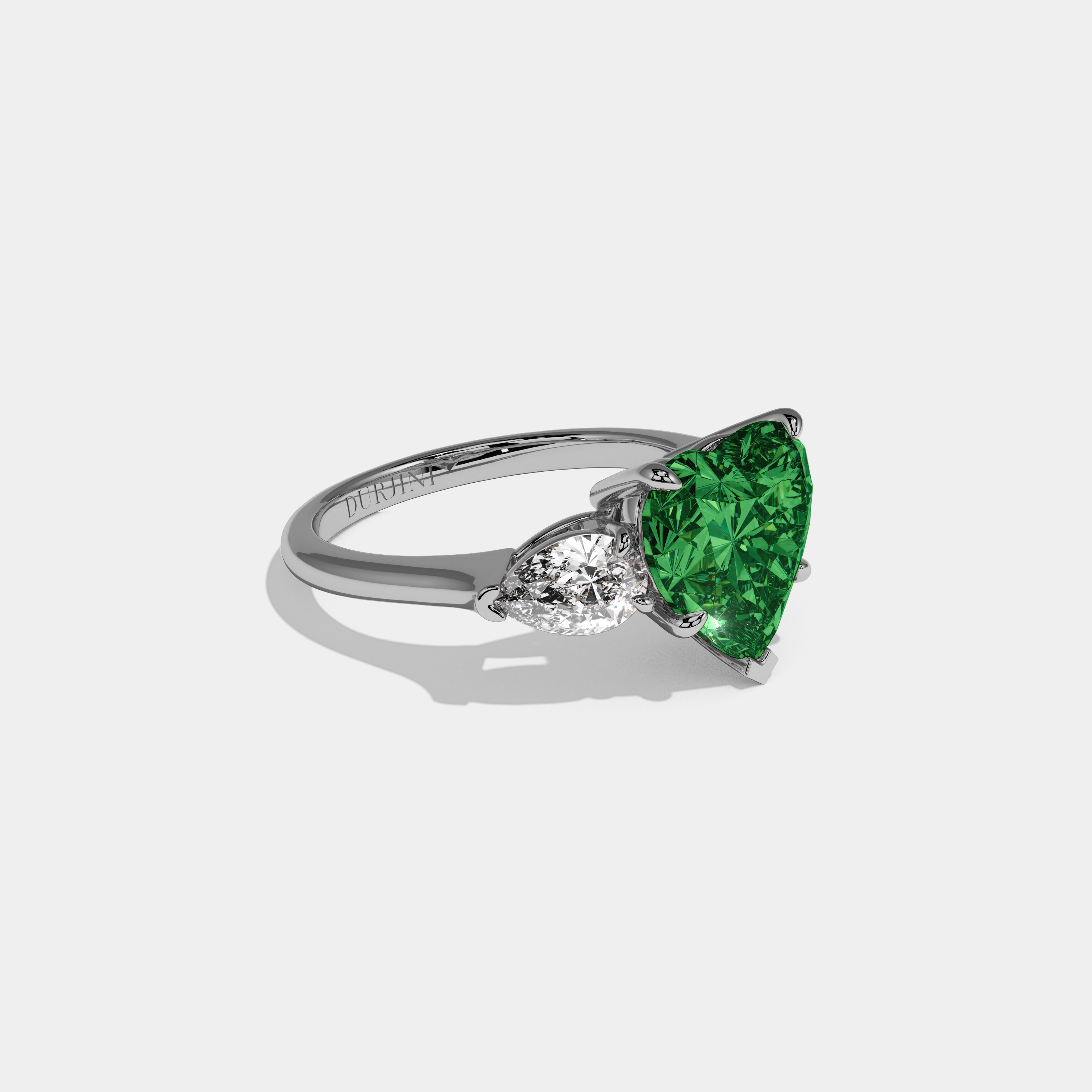 Alexandra Fancy Dark Green Heart Cut Diamond Plain Band With Pear Cut Sides Engagement Ring 8ct 18K White Gold