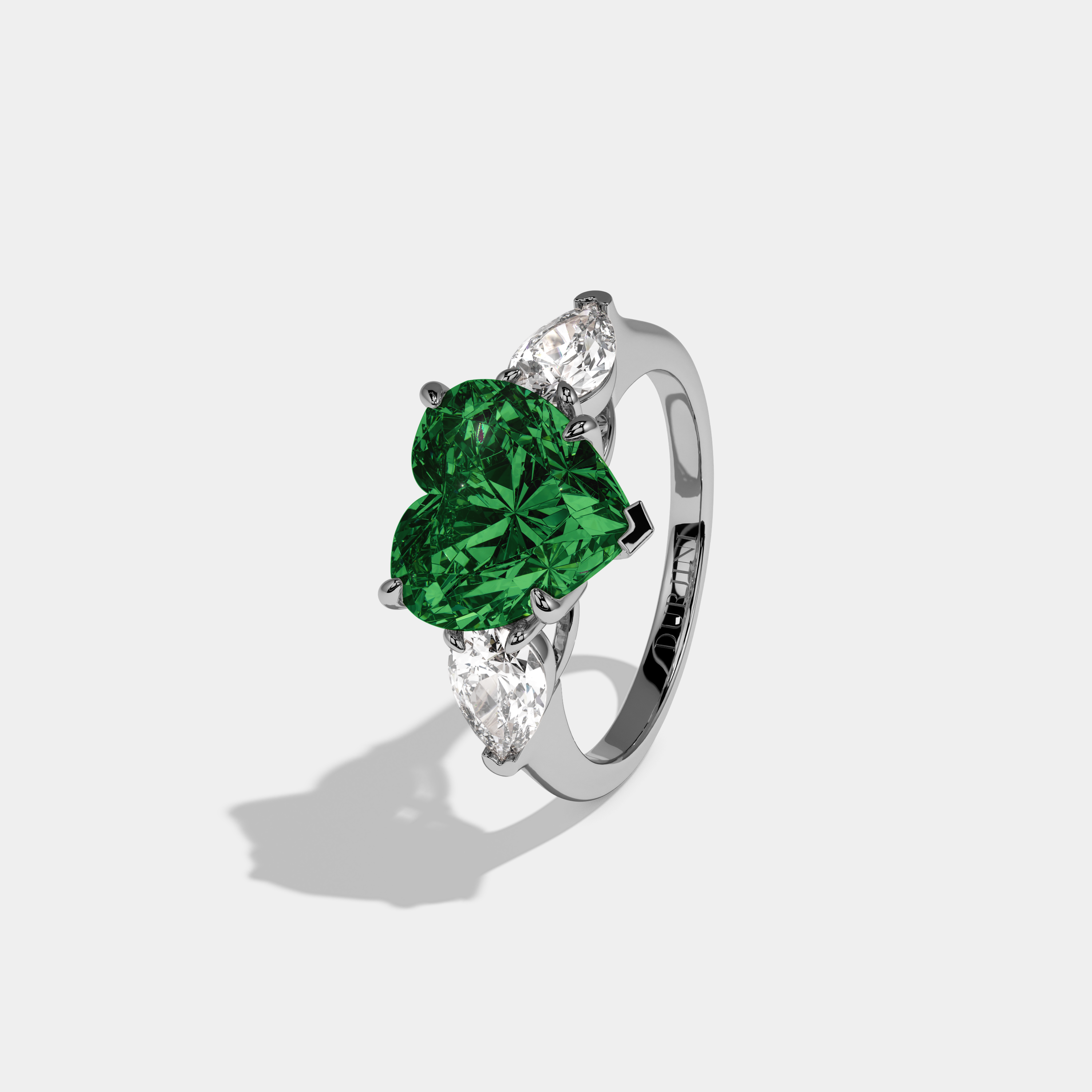Alexandra Fancy Dark Green Heart Cut Diamond Plain Band With Pear Cut Sides Engagement Ring 8ct 18K White Gold