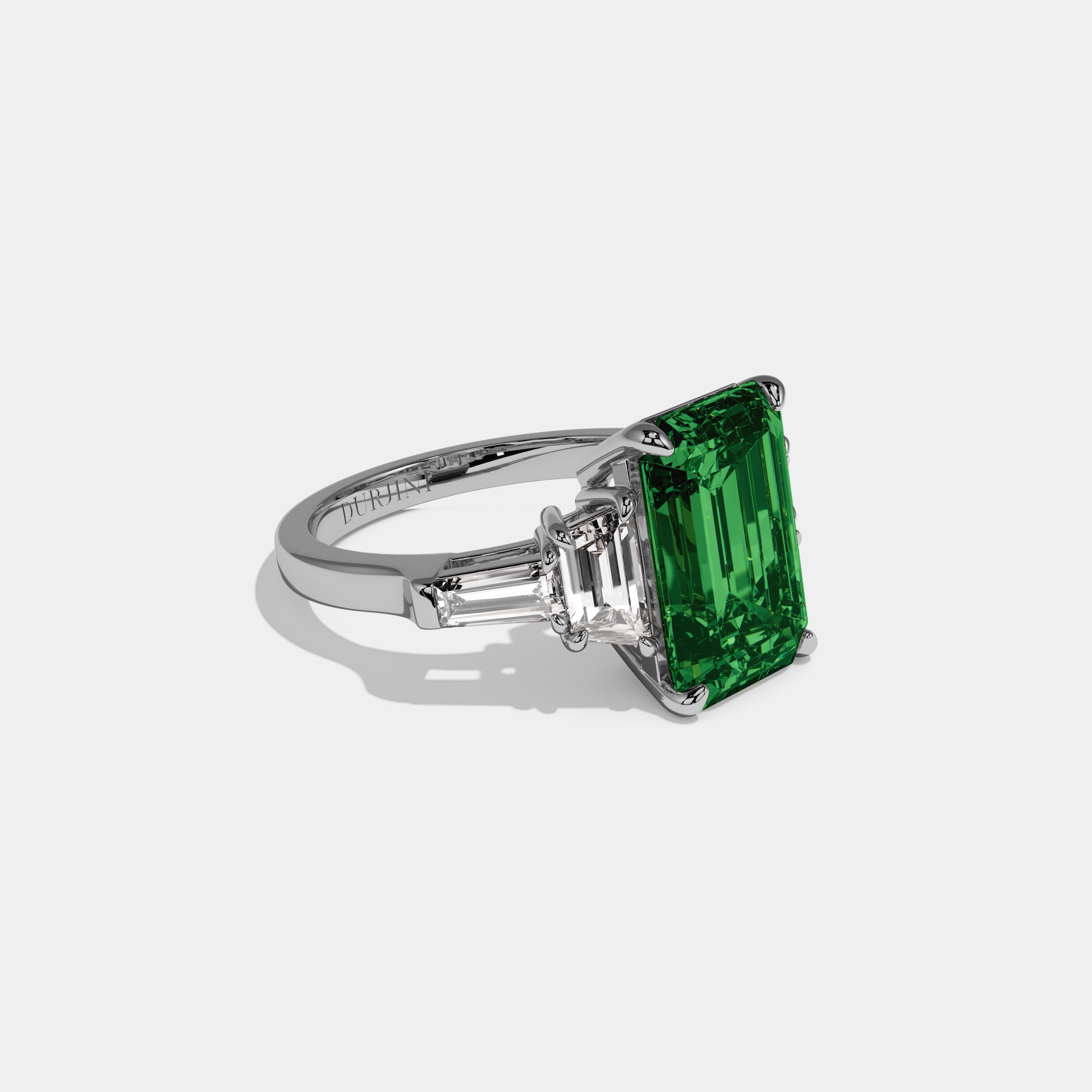 Alexandra Fancy Dark Green Emerald Cut Diamond Plain Band With Step Cut Sides Engagement Ring 8ct 18K White Gold