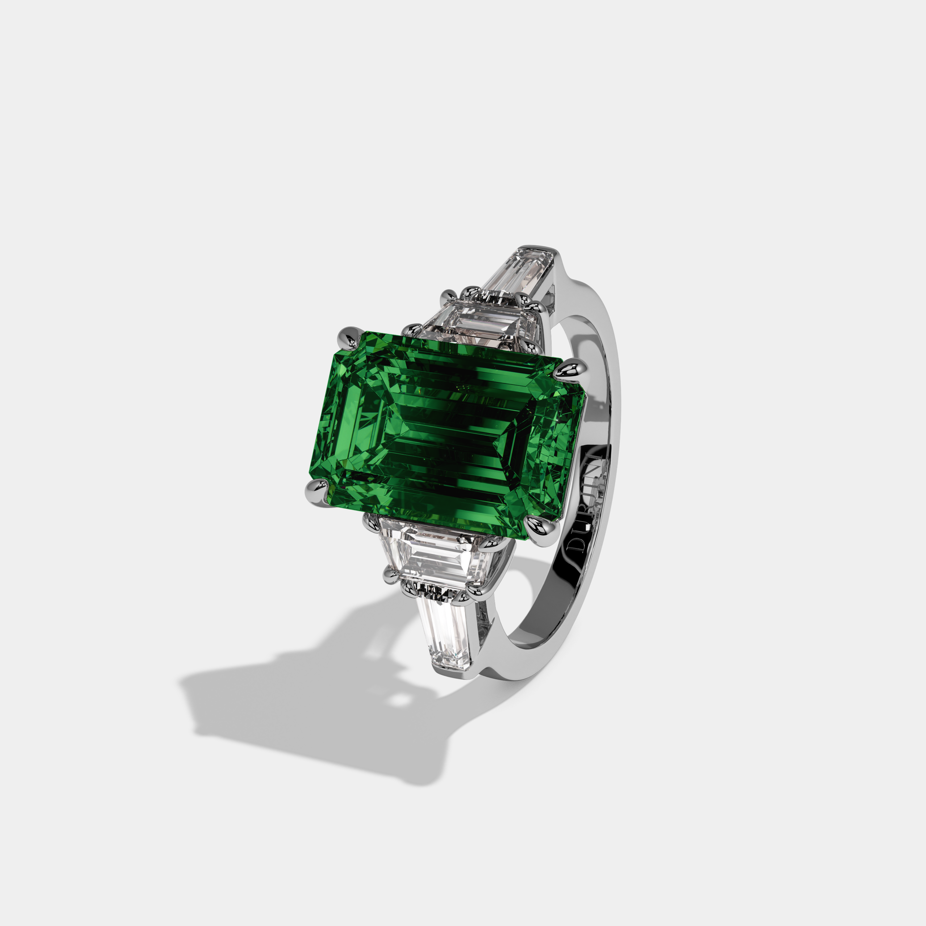 Alexandra Fancy Dark Green Emerald Cut Diamond Plain Band With Step Cut Sides Engagement Ring 8ct 18K White Gold